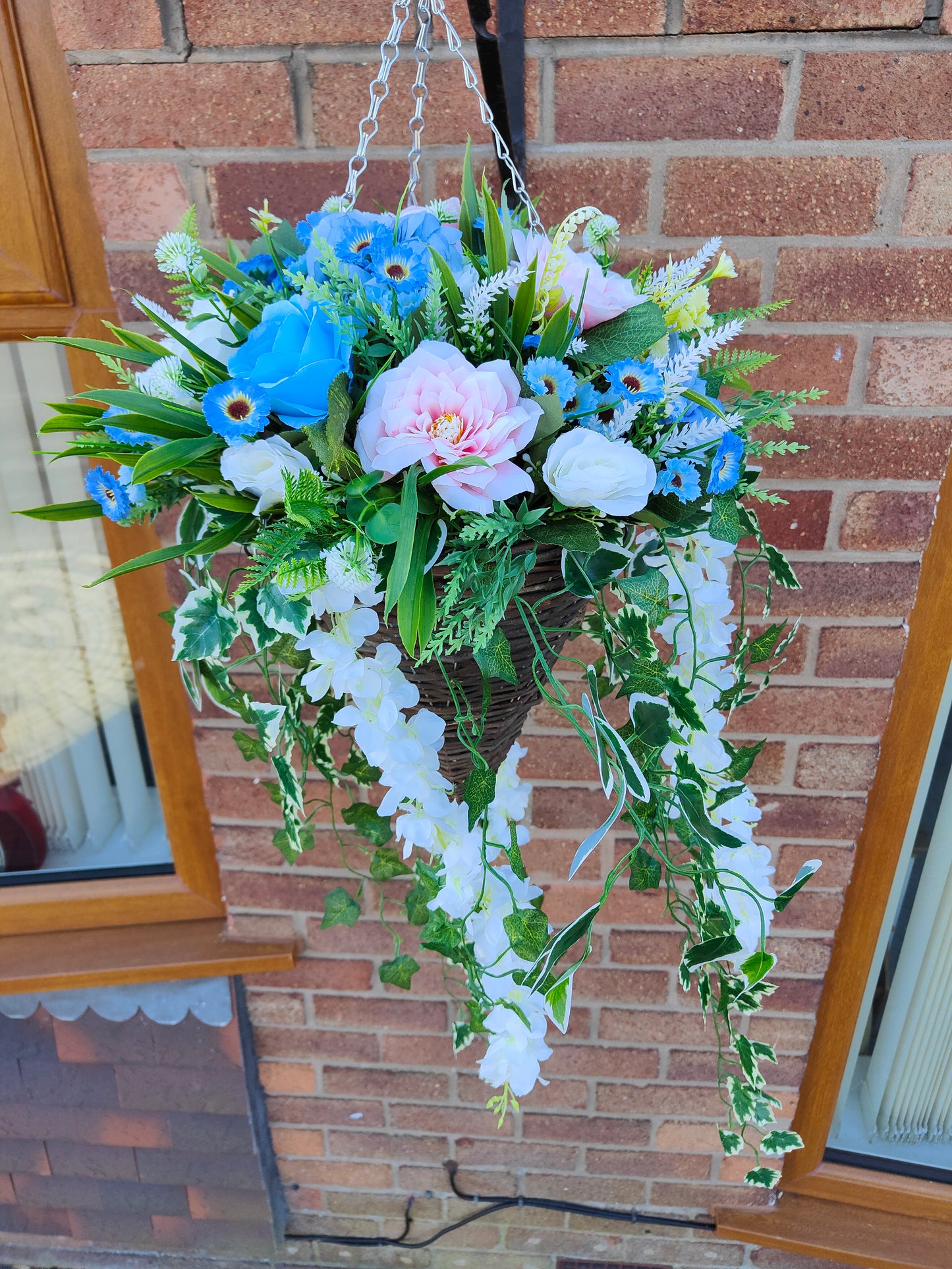 Pastel Blue Pink White Artificial Flower Hanging Basket 12 inch