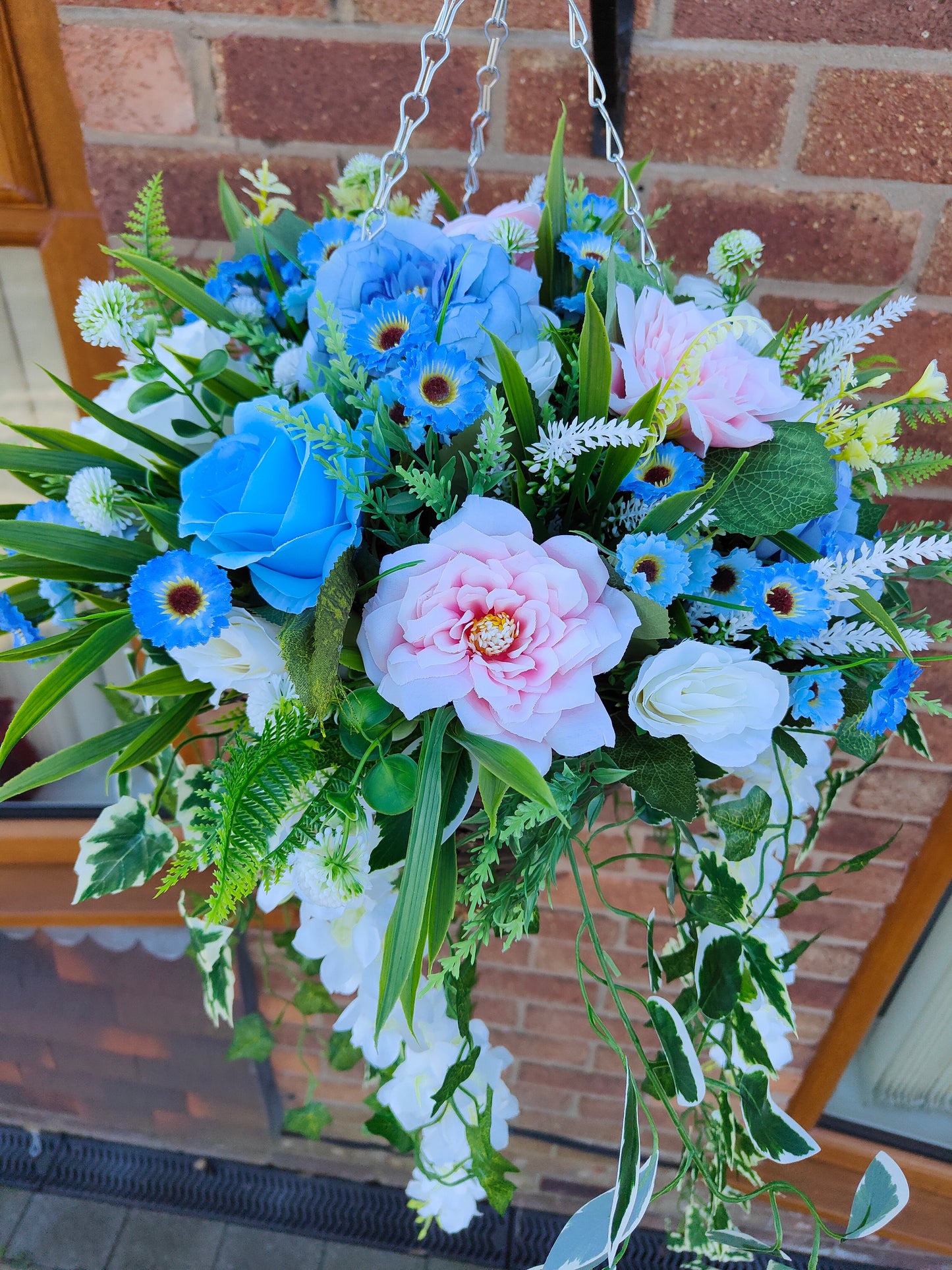 Pastel Blue Pink White Artificial Flower Hanging Basket 12 inch