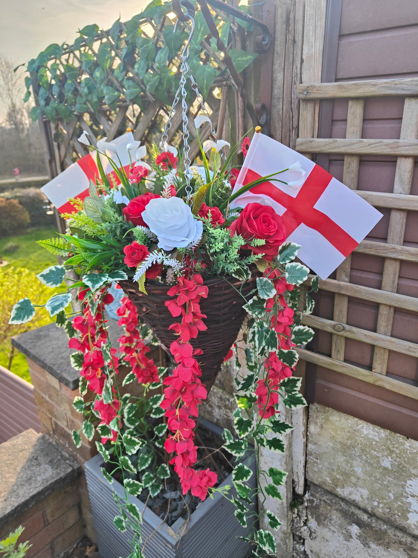 World Cup Red & White St George Flag Artificial Flower Hanging Basket 12 inch Cone