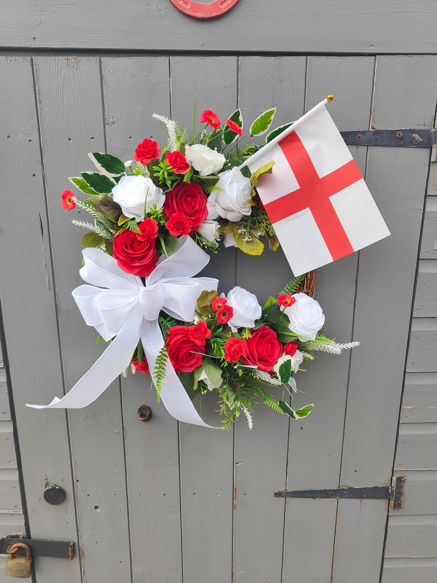 England World Cup Wreath – Red & White Rose Bow Door Wreath