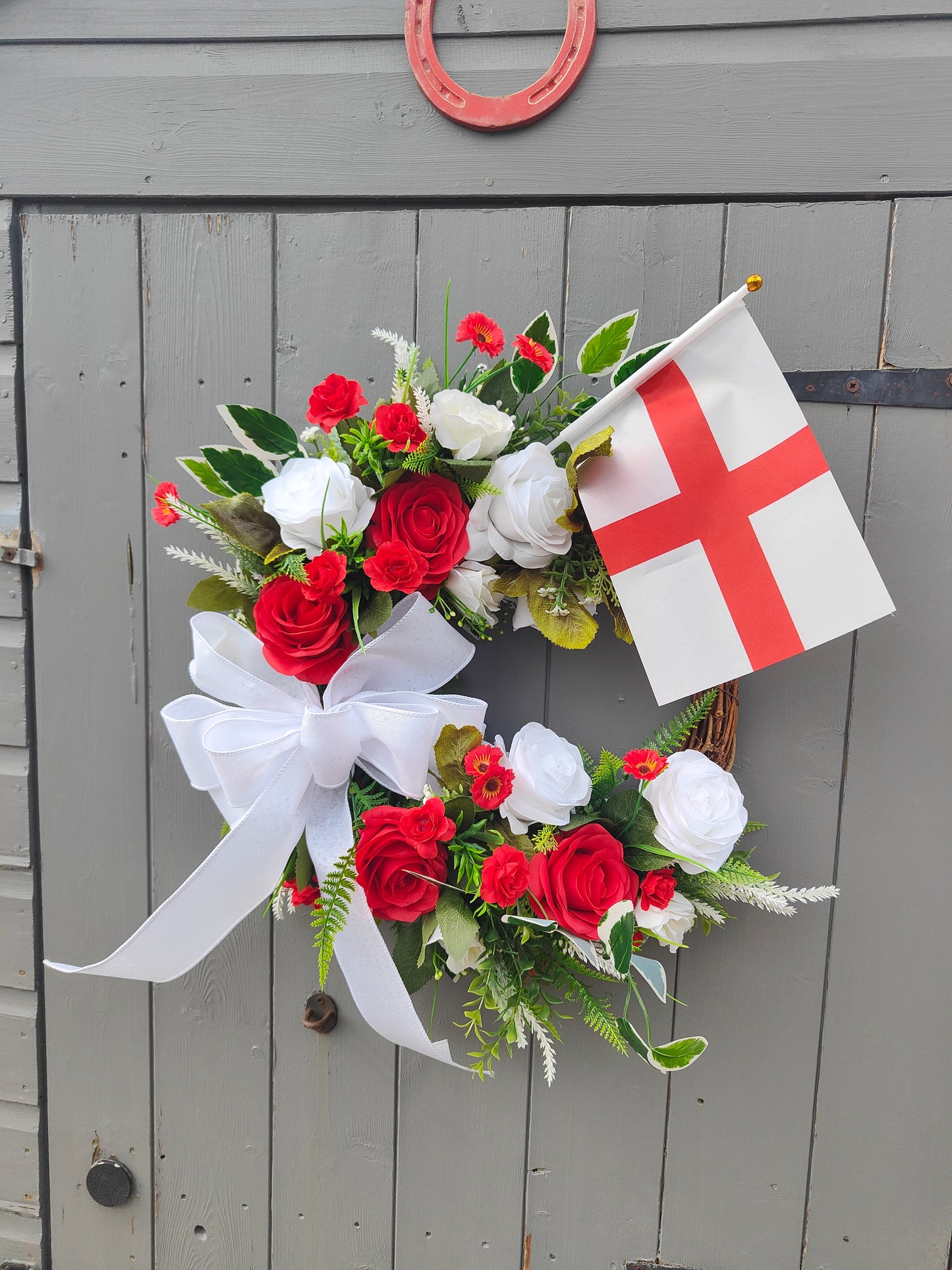 England World Cup Wreath – Red & White Rose Bow Door Wreath