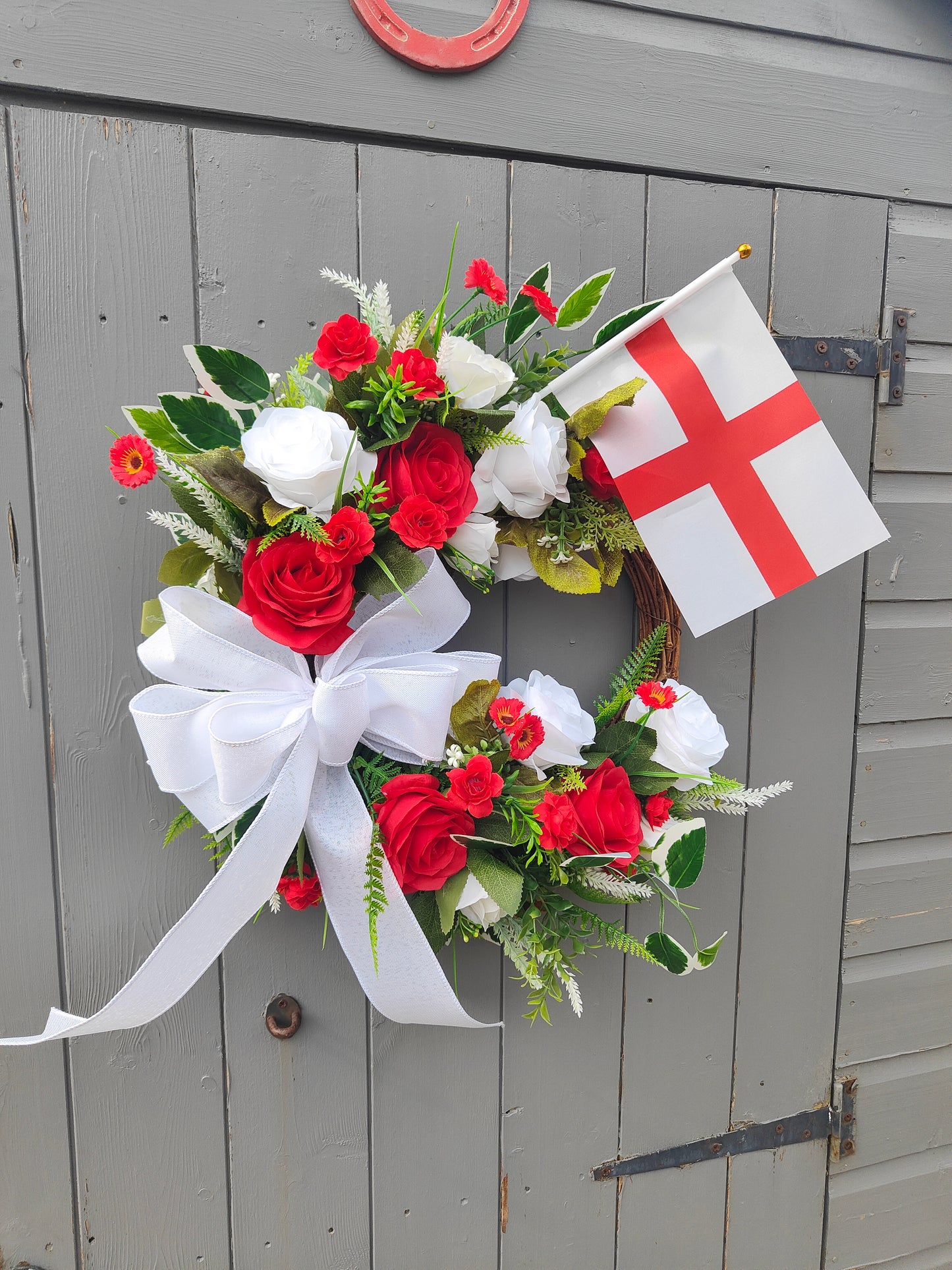 England World Cup Wreath – Red & White Rose Bow Door Wreath