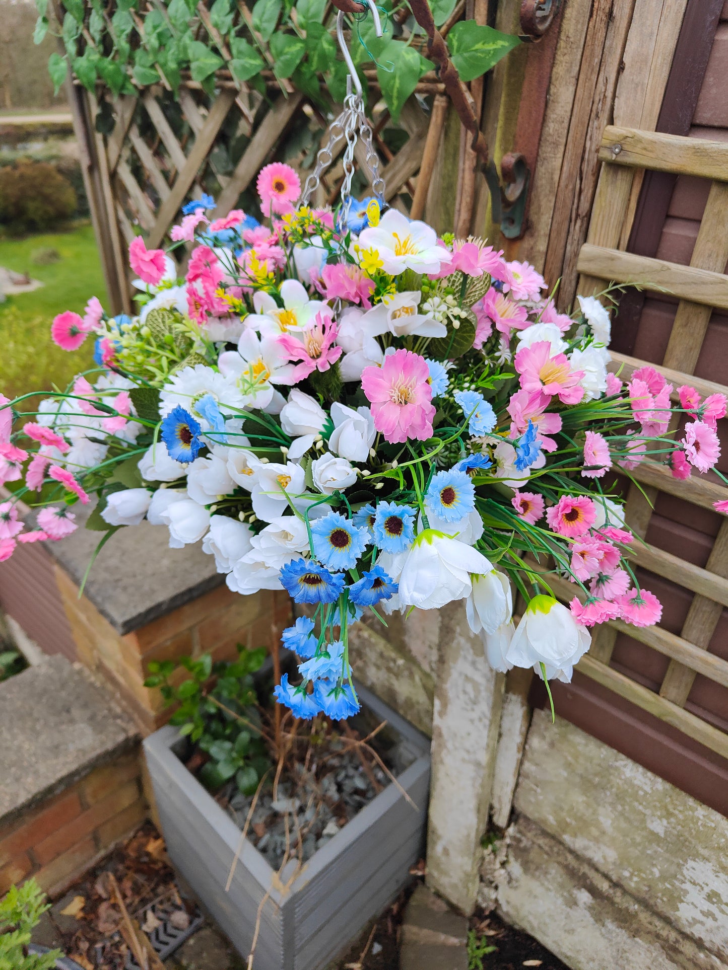 Pastel Pink Blue Artificial Flower Hanging Basket 10 inch