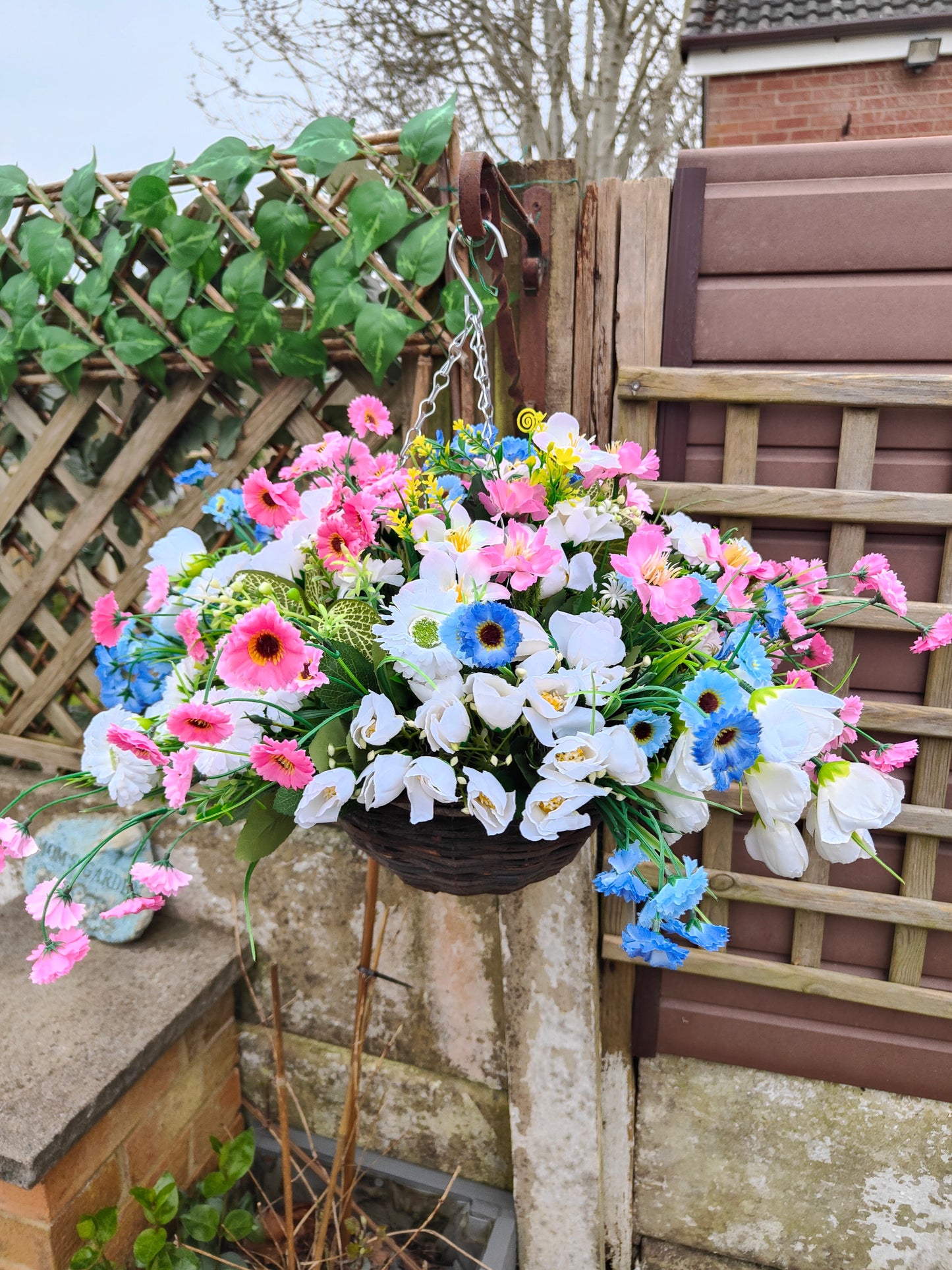 Pastel Pink Blue Artificial Flower Hanging Basket 10 inch