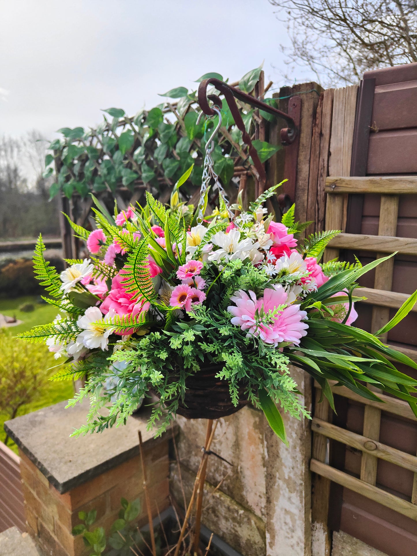 Pink White Artificial Flower Hanging Basket 10 inch