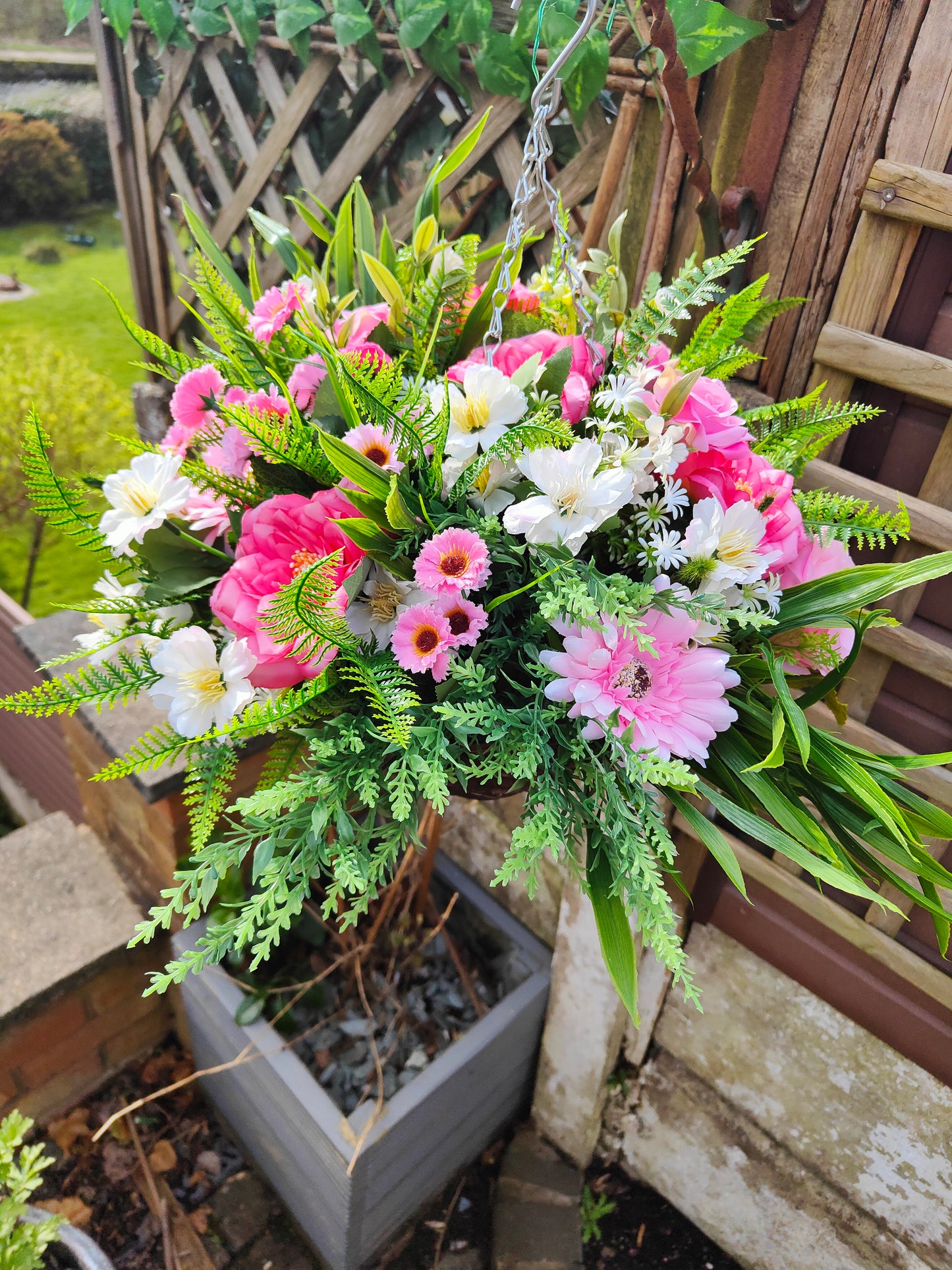 Pink White Artificial Flower Hanging Basket 10 inch