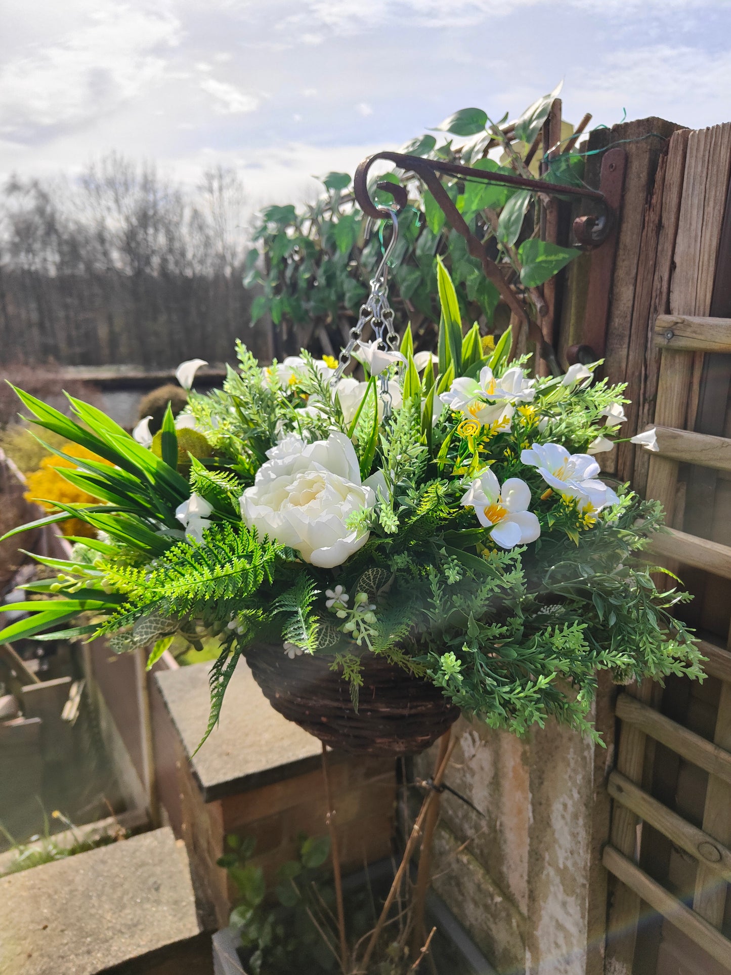Neutral White Cream Artificial Flower Hanging Basket 10 inch