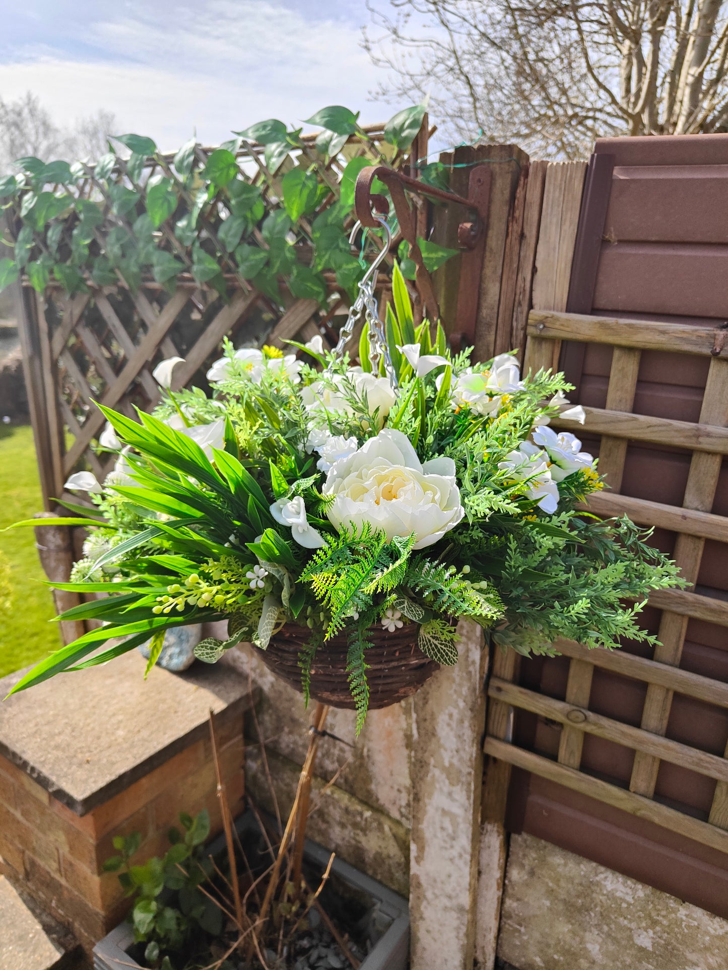 Neutral White Cream Artificial Flower Hanging Basket 10 inch