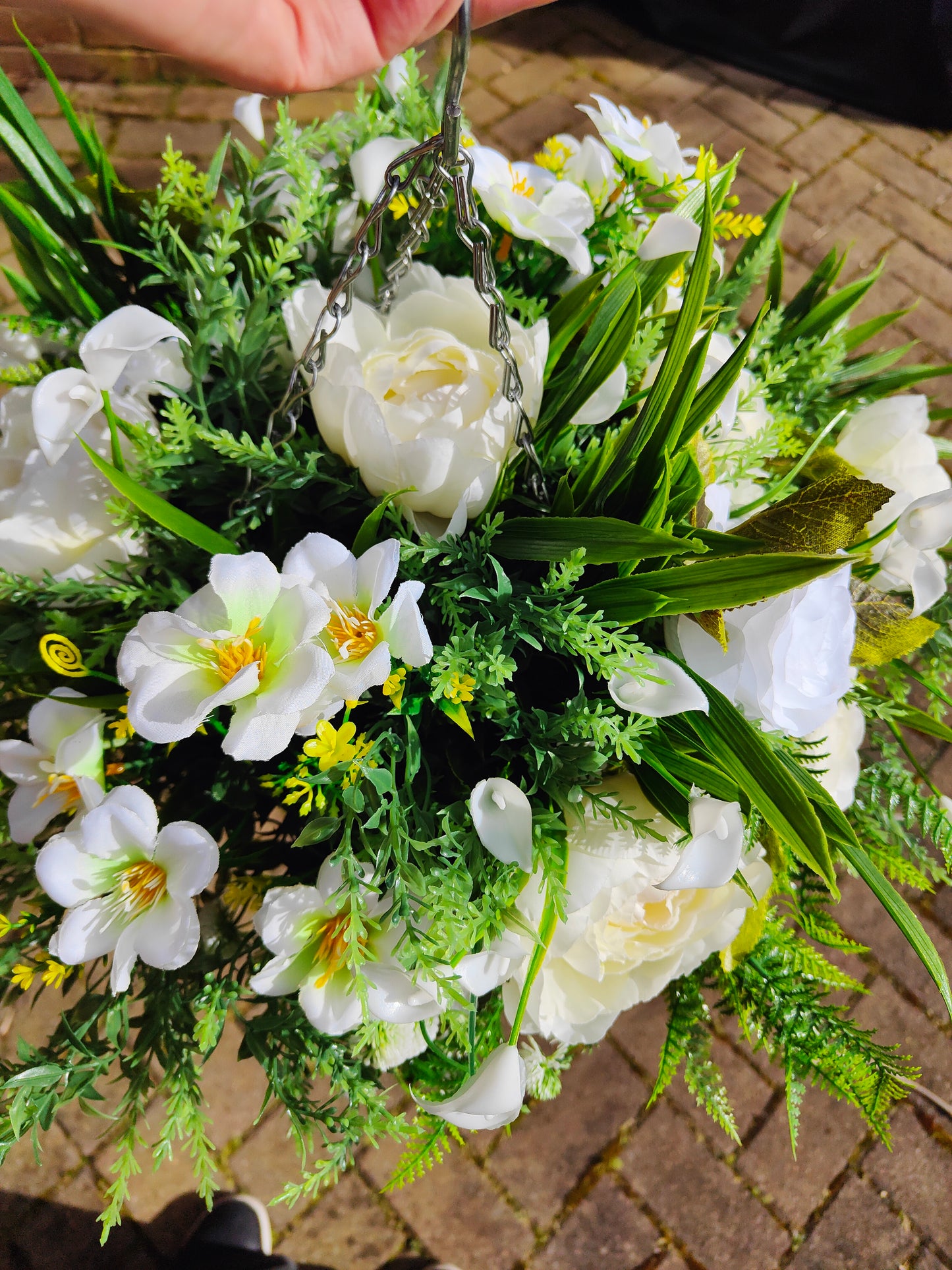Neutral White Cream Artificial Flower Hanging Basket 10 inch