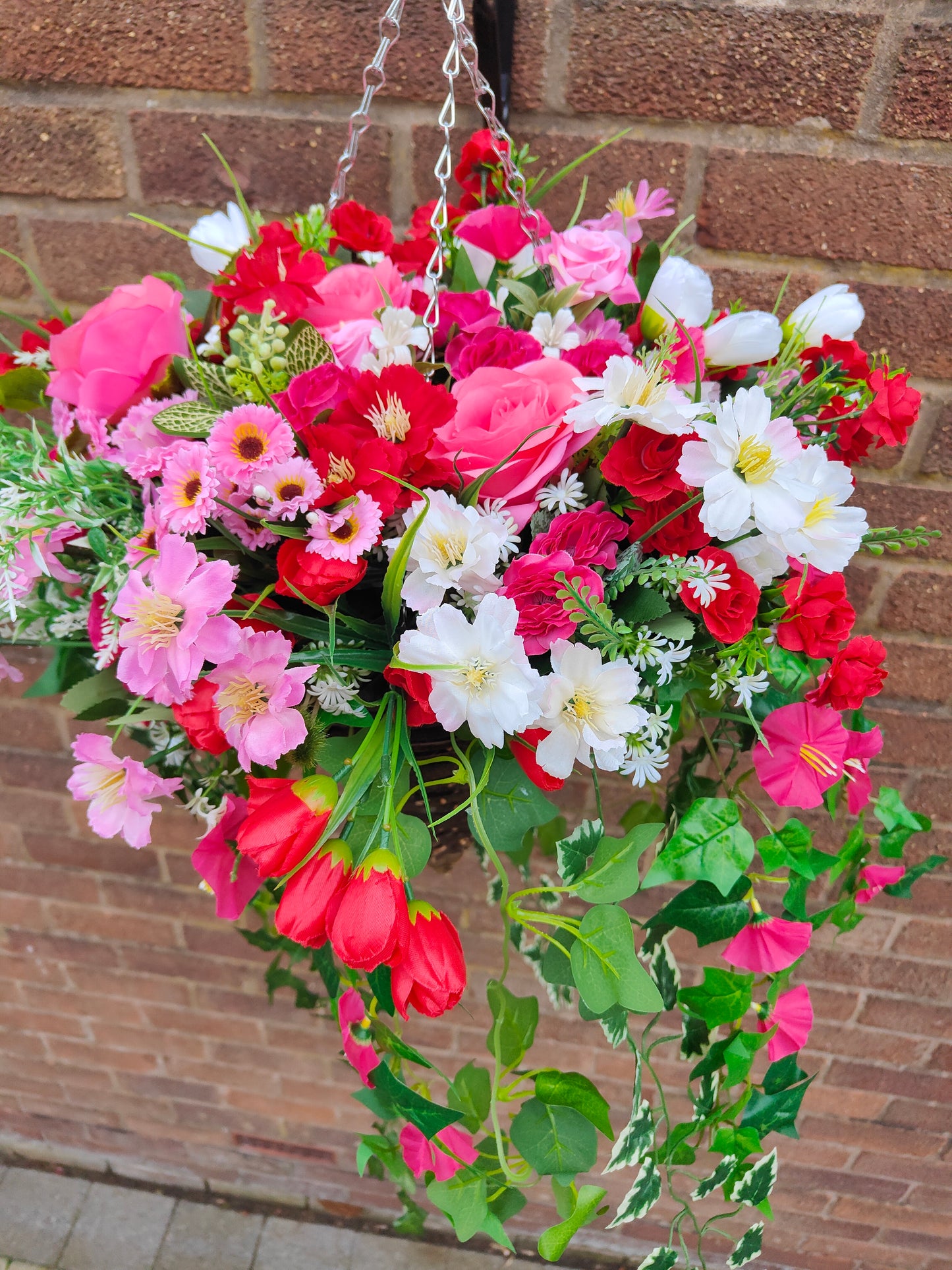 Deluxe Pink White Red Artificial Flower Hanging Basket 12 inch