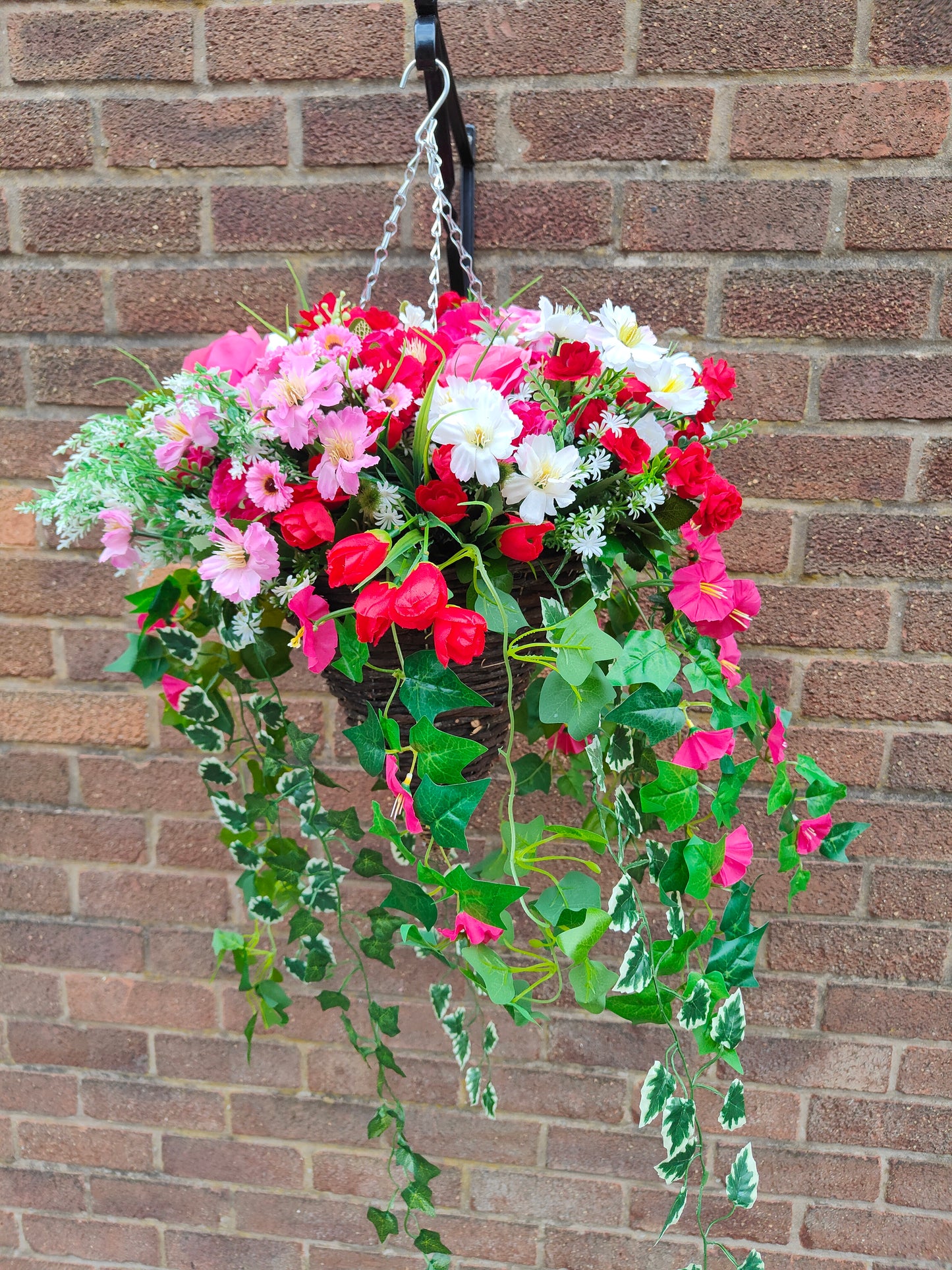 Deluxe Pink White Red Artificial Flower Hanging Basket 12 inch