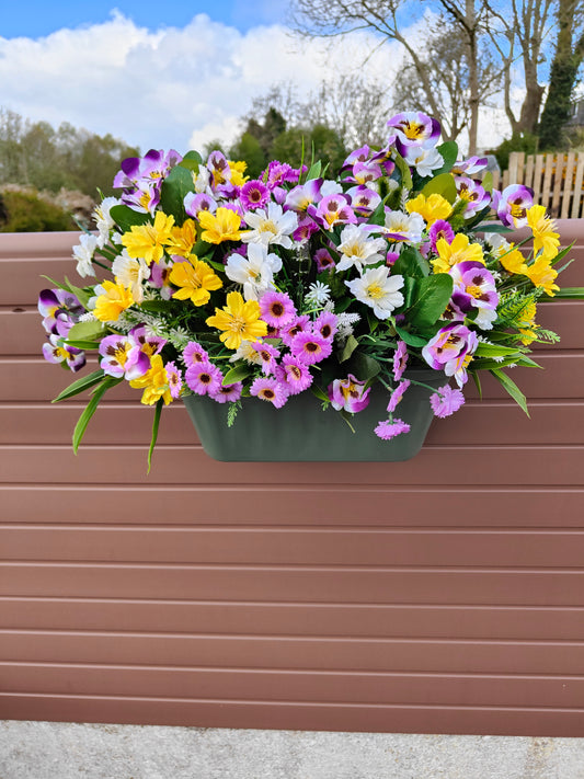Artificial Flower Box – Yellow, Purple & White Fence/Balcony Planter