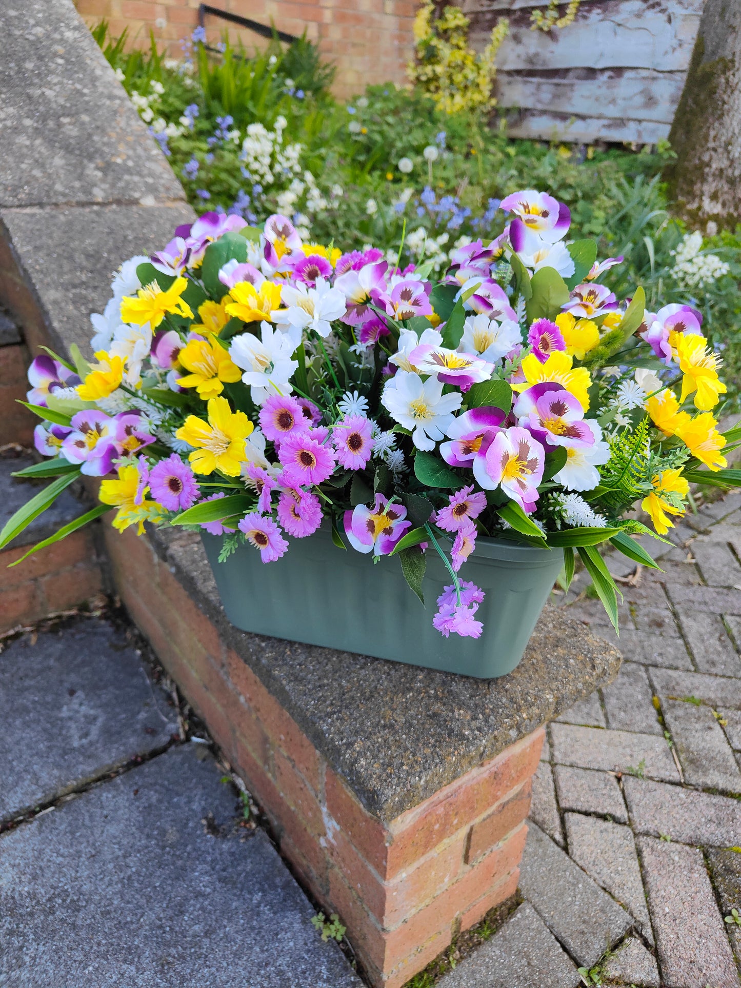 Artificial Flower Box – Yellow, Purple & White Fence/Balcony Planter