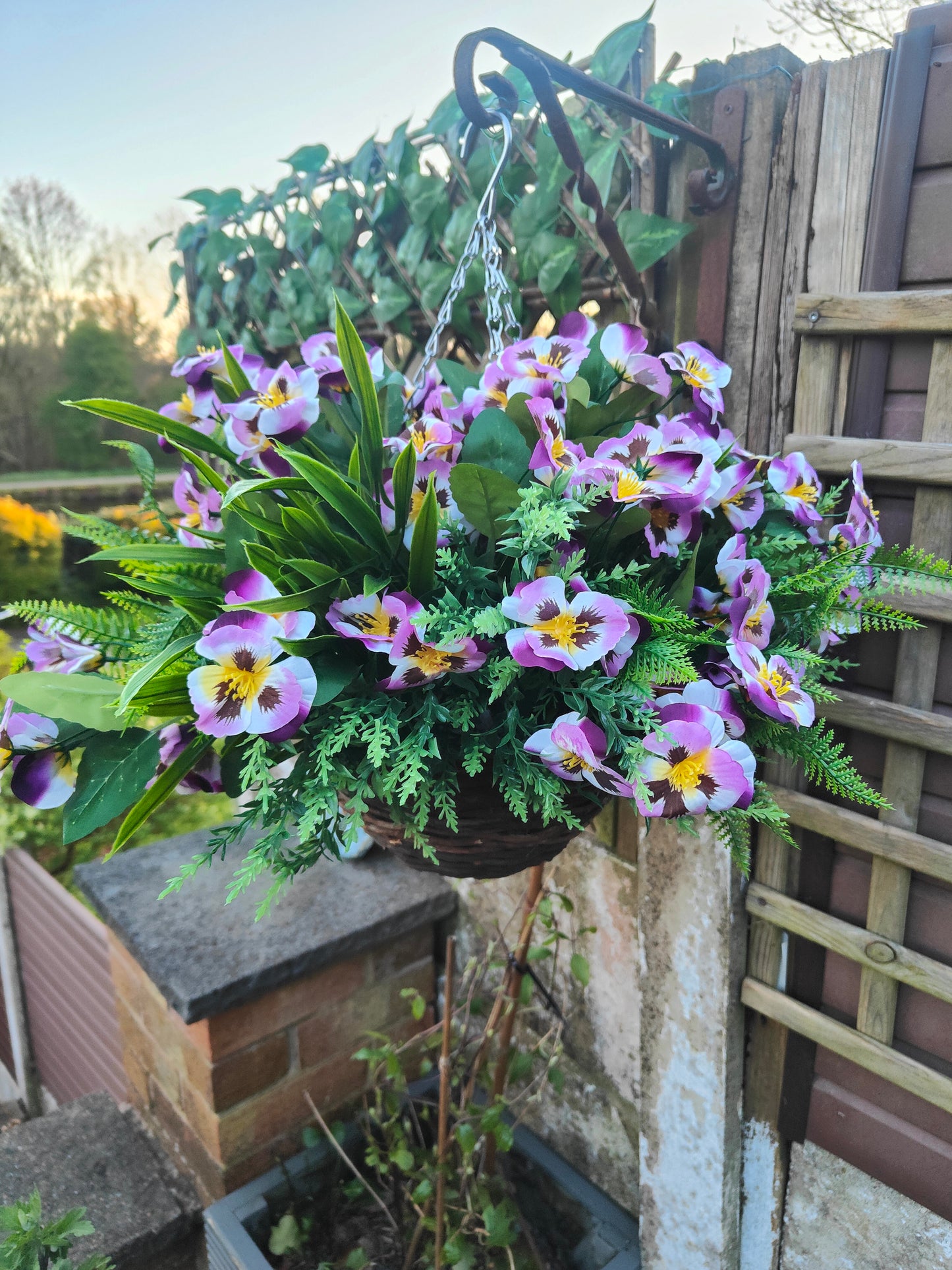 Purple Pansy Artificial Flower Hanging Basket 10 inch