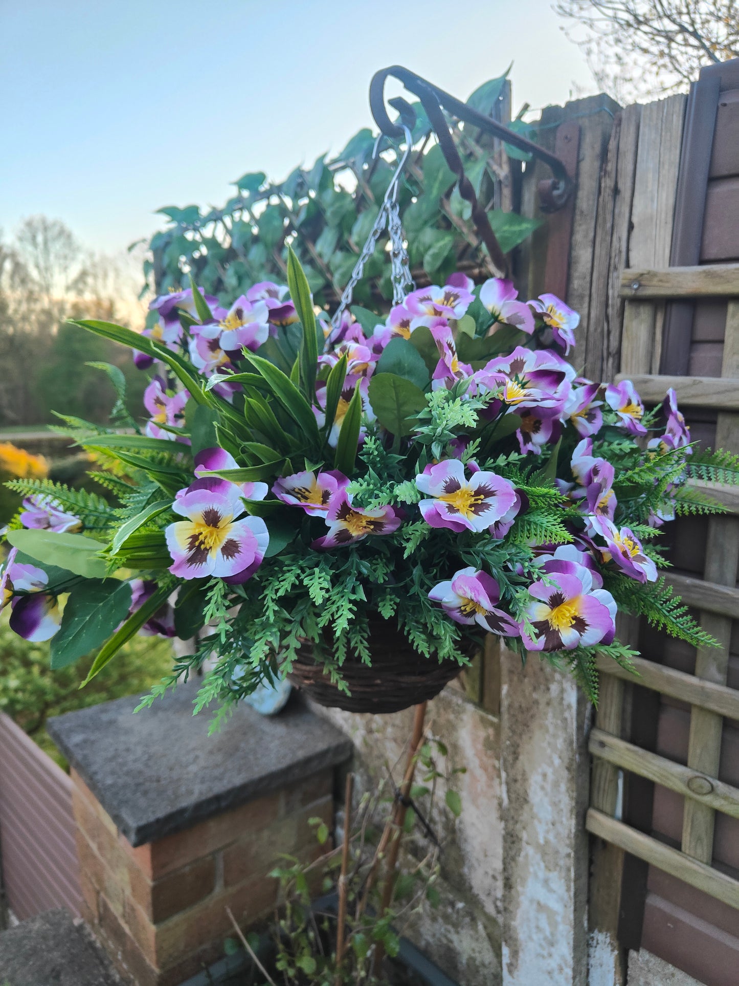 Purple Pansy Artificial Flower Hanging Basket 10 inch