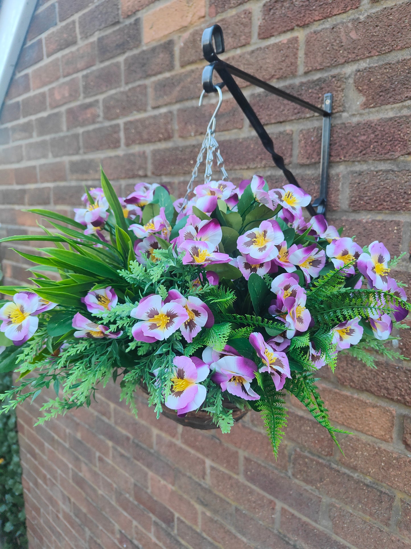 Purple Pansy Artificial Flower Hanging Basket 10 inch
