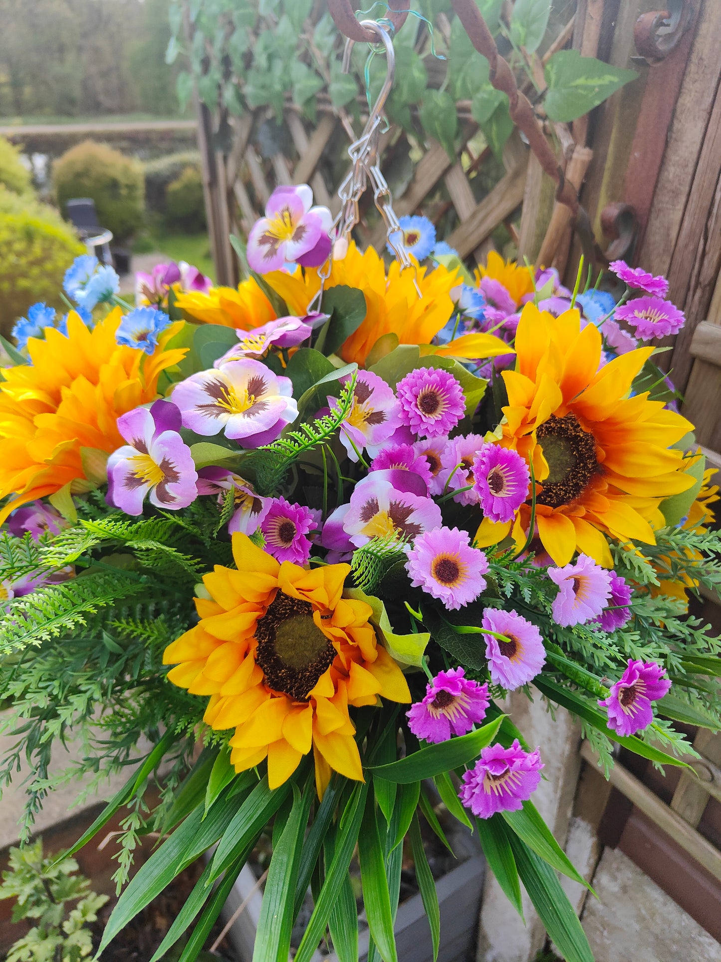 Sunflower Pansey Artificial Flower Hanging Basket 10 inch