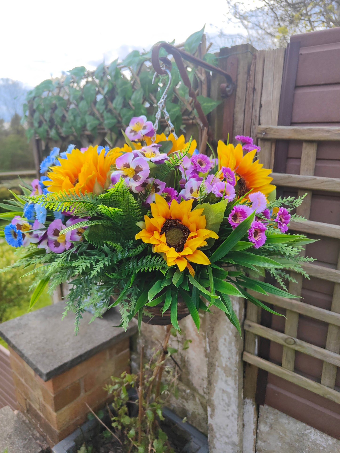 Sunflower Pansey Artificial Flower Hanging Basket 10 inch
