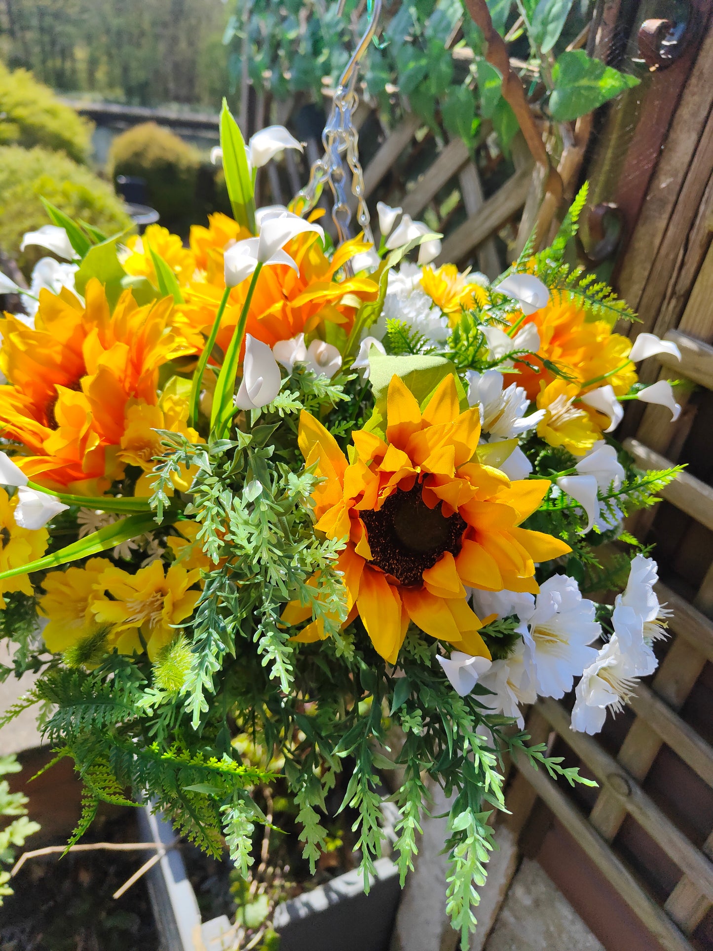 Yellow White Sunflower Artificial Flower Hanging Basket 10 inch
