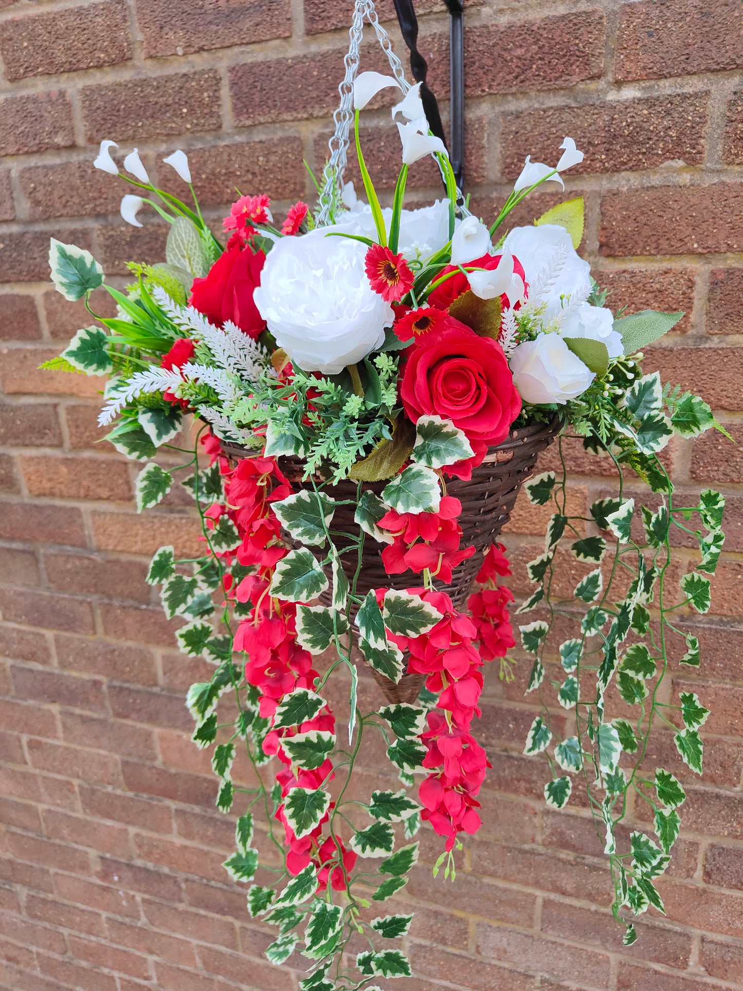 Red White Artificial Flower Hanging Basket 12 inch