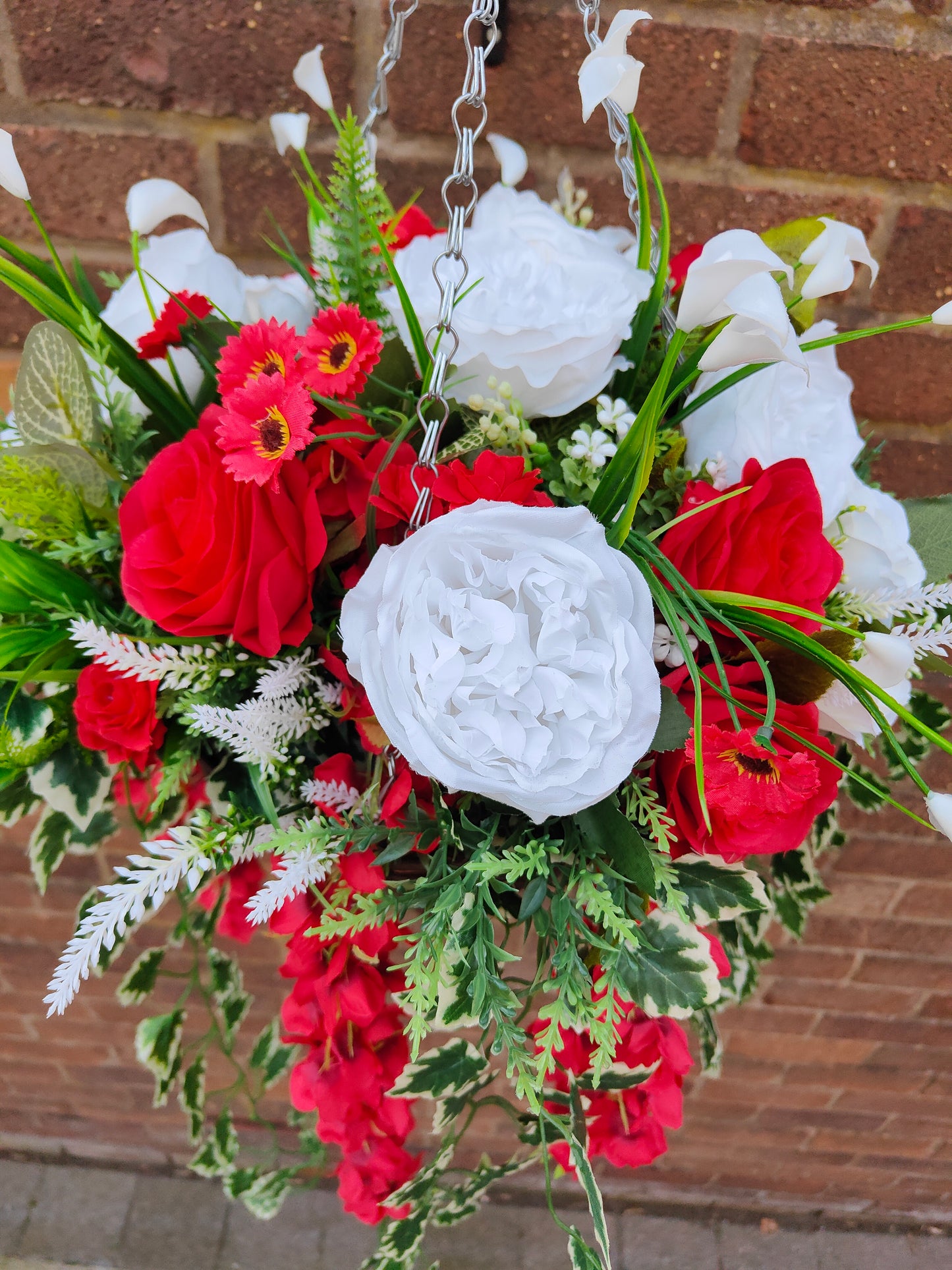 Red White Artificial Flower Hanging Basket 12 inch