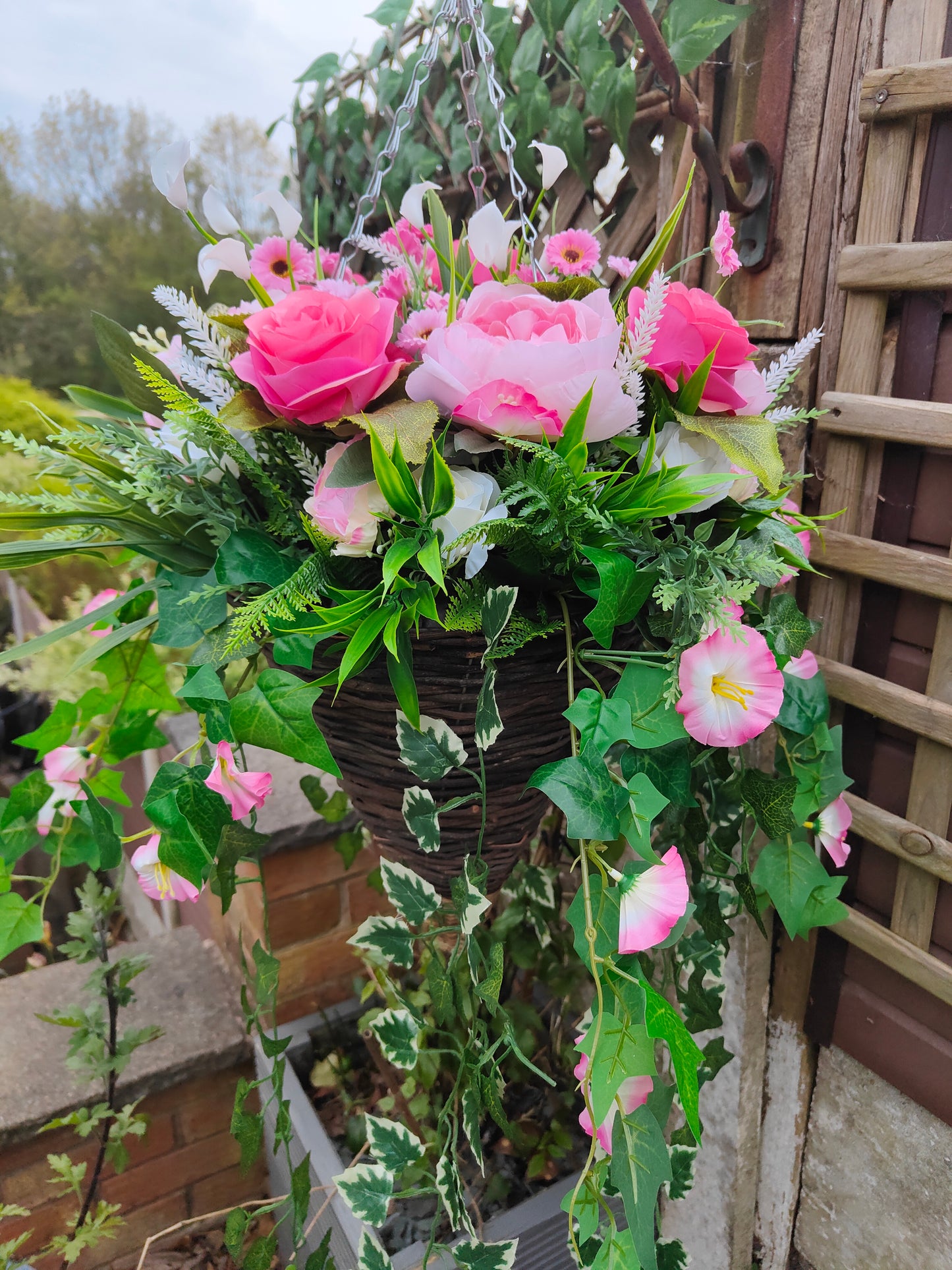 Pink White Artificial Flower Hanging Basket 12 inch