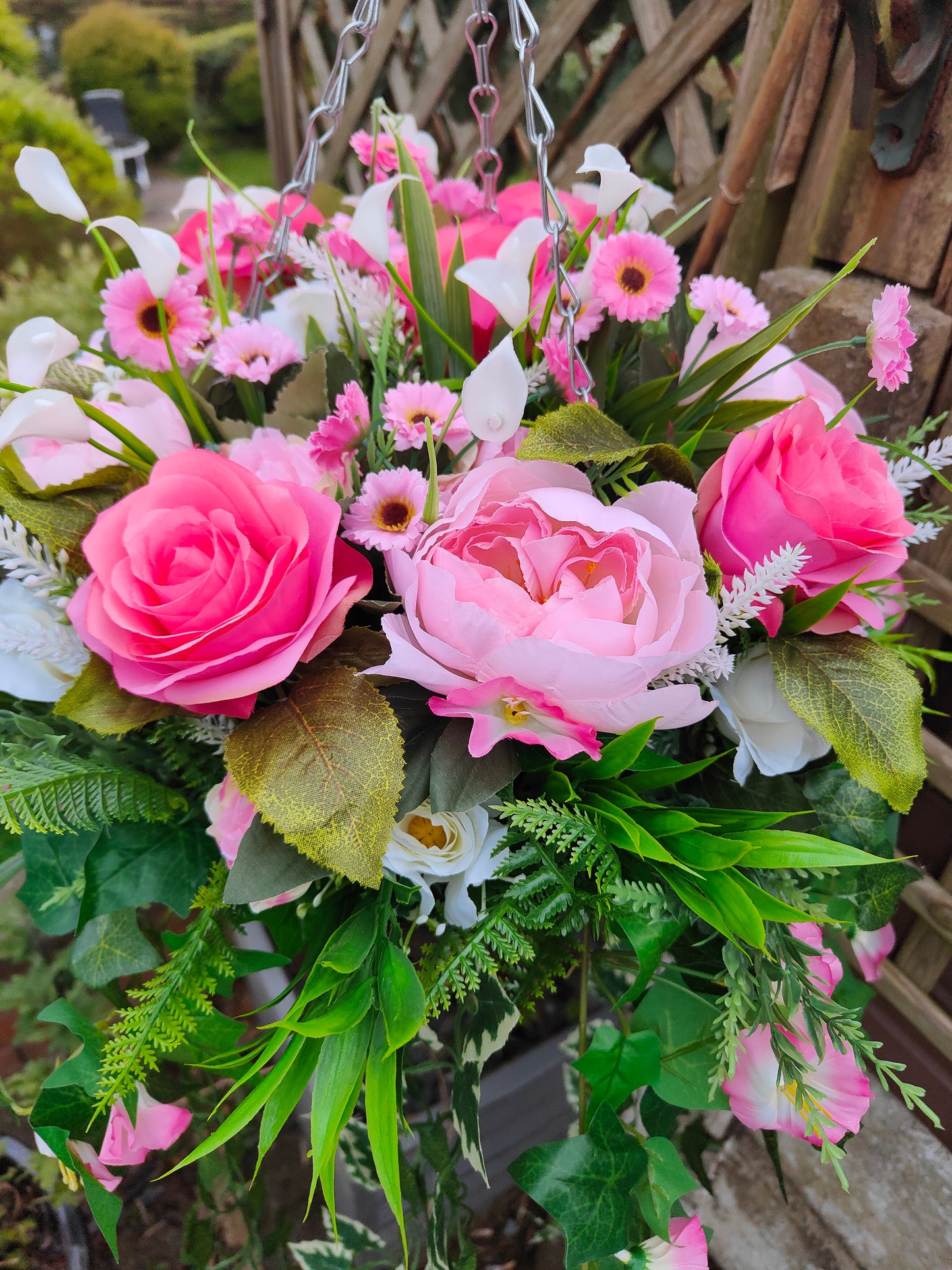 Pink White Artificial Flower Hanging Basket 12 inch
