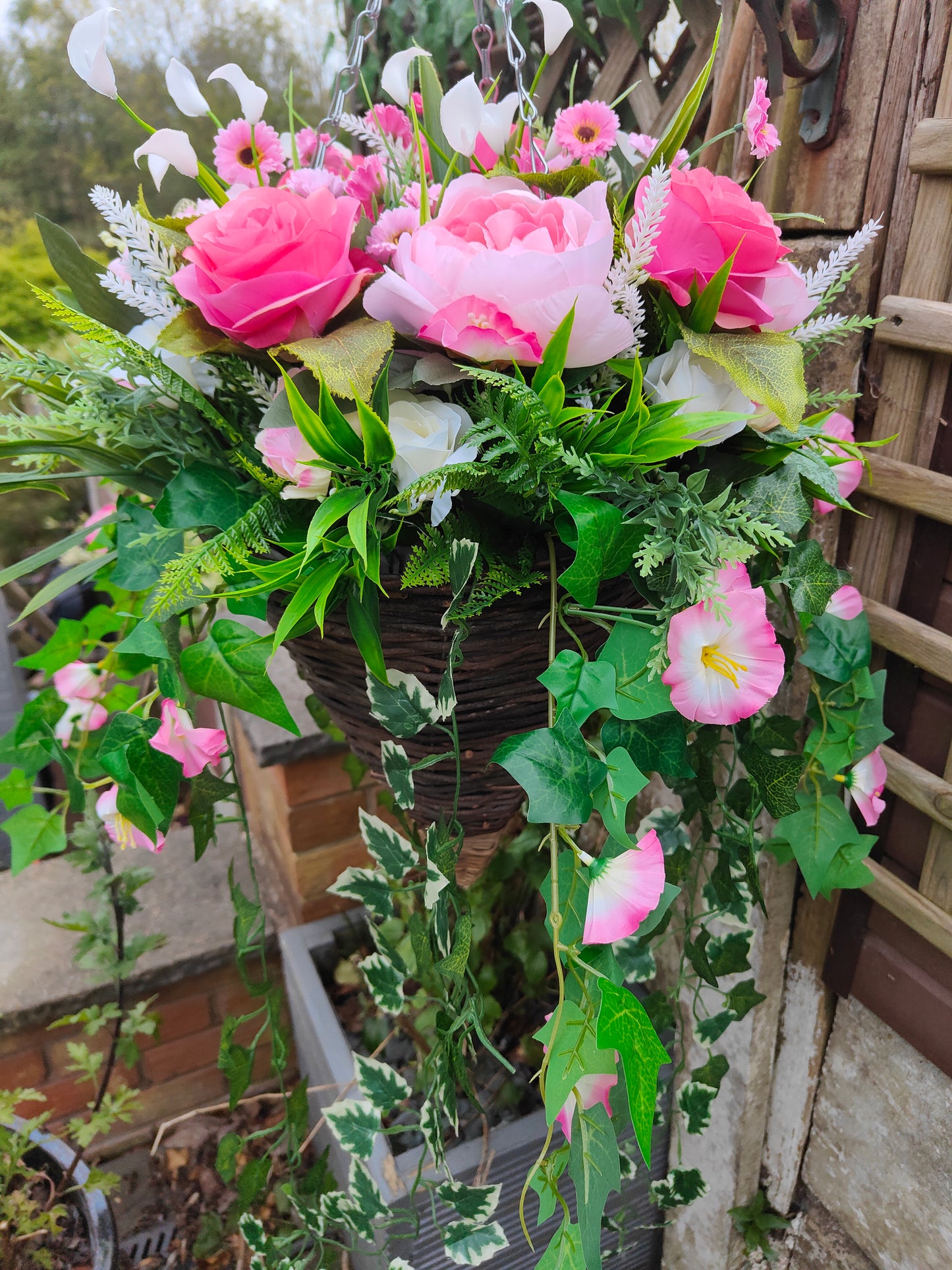 Pink White Artificial Flower Hanging Basket 12 inch