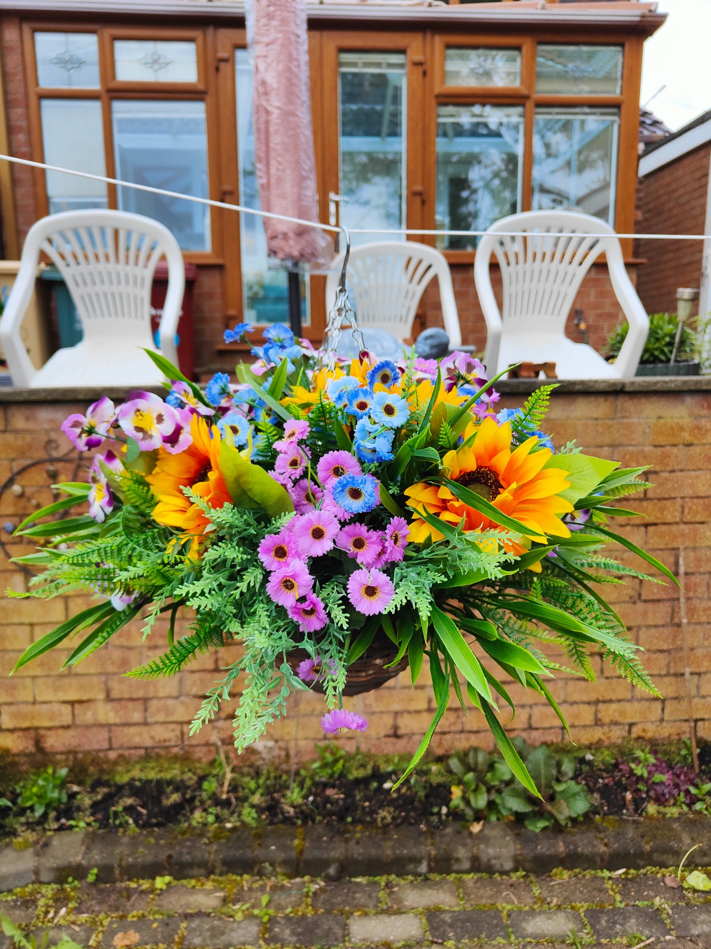 Sunflower Pansey Artificial Flower Hanging Basket 10 inch