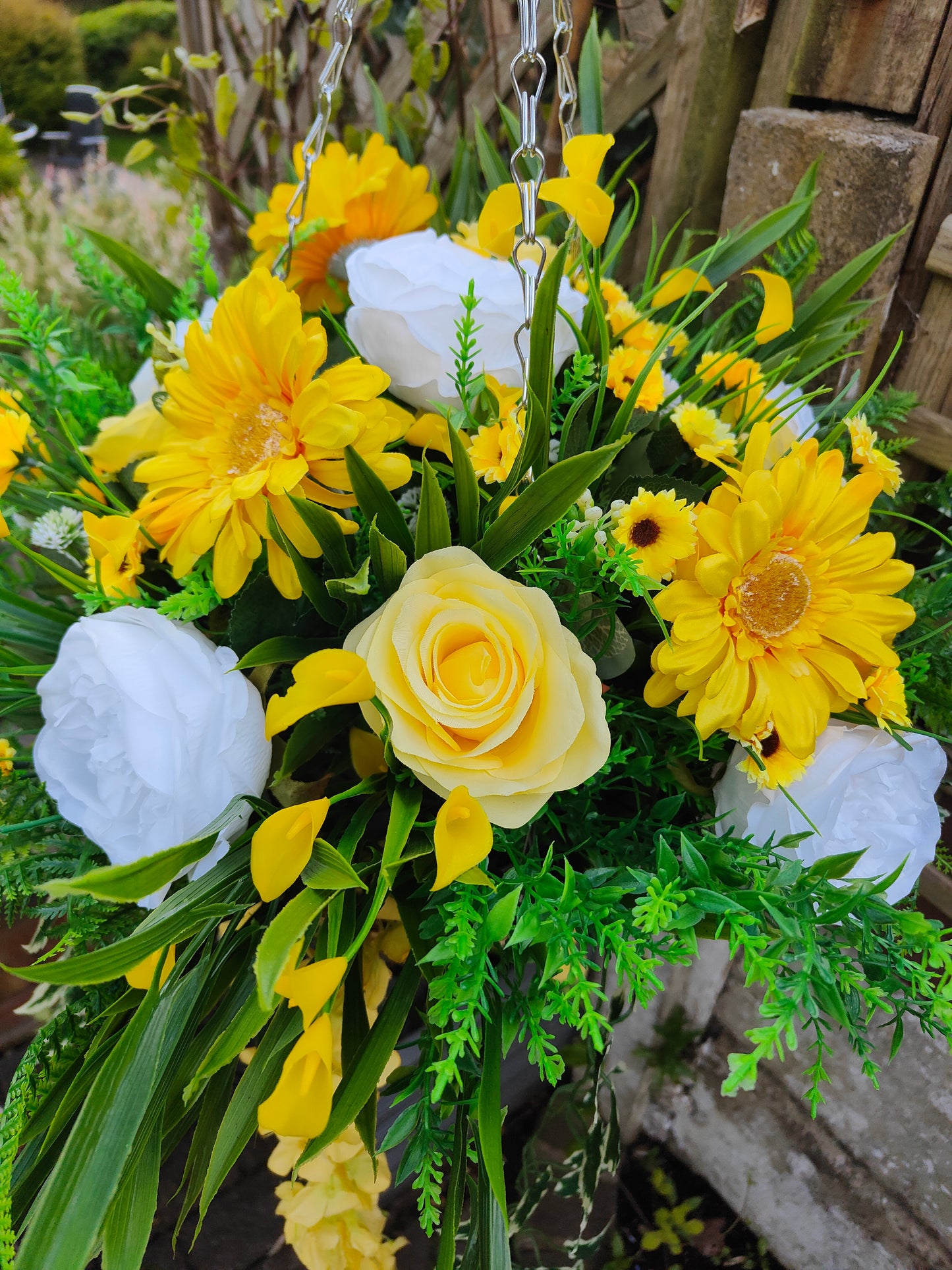 Deluxe Yellow White Red Artificial Flower Hanging Basket 12 inch