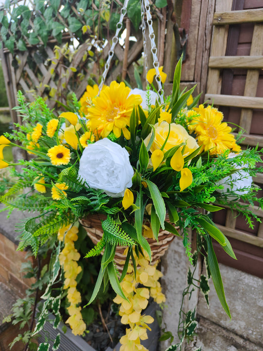 Deluxe Yellow White Red Artificial Flower Hanging Basket 12 inch
