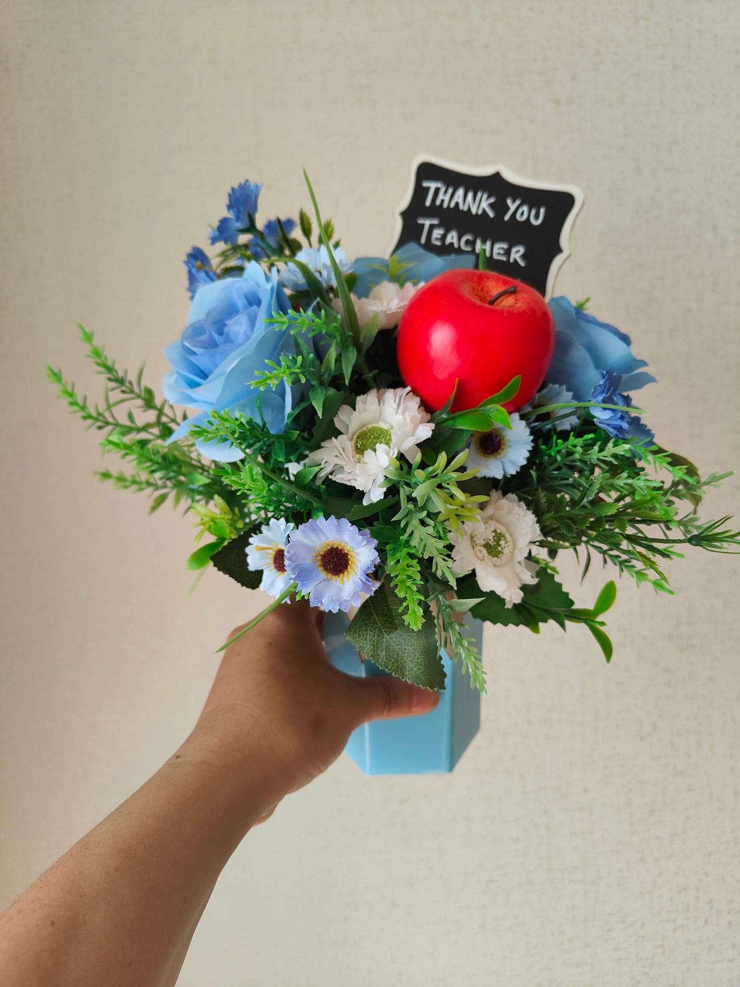 Blue Pencil Pot Artificial Flower Bouquet Teacher Gift