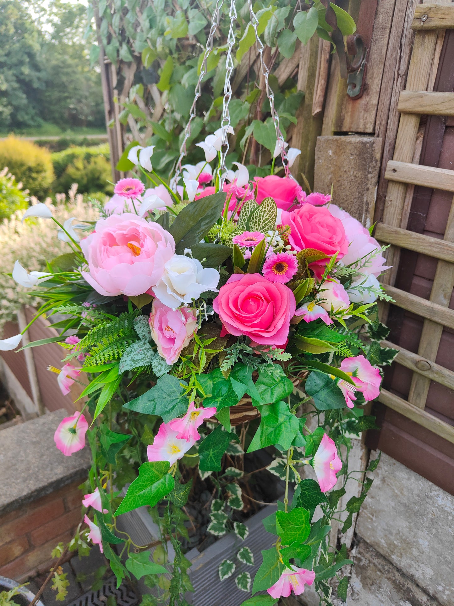 Pink White Artificial Flower Hanging Basket 12 inch Round