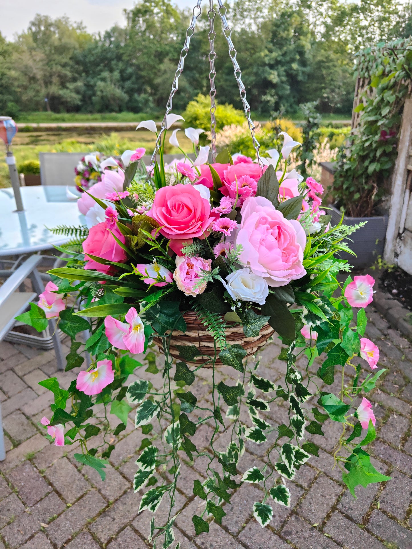 Pink White Artificial Flower Hanging Basket 12 inch Round