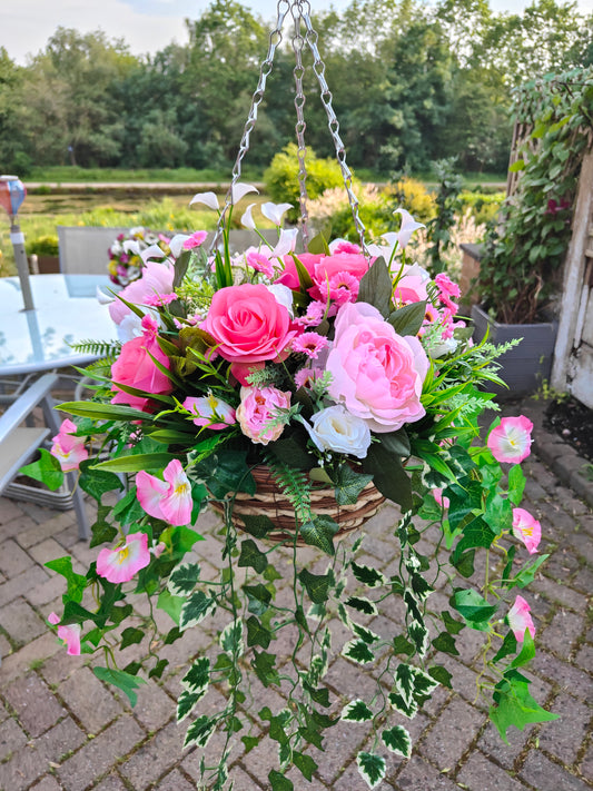 Pink White Artificial Flower Hanging Basket 12 inch Round