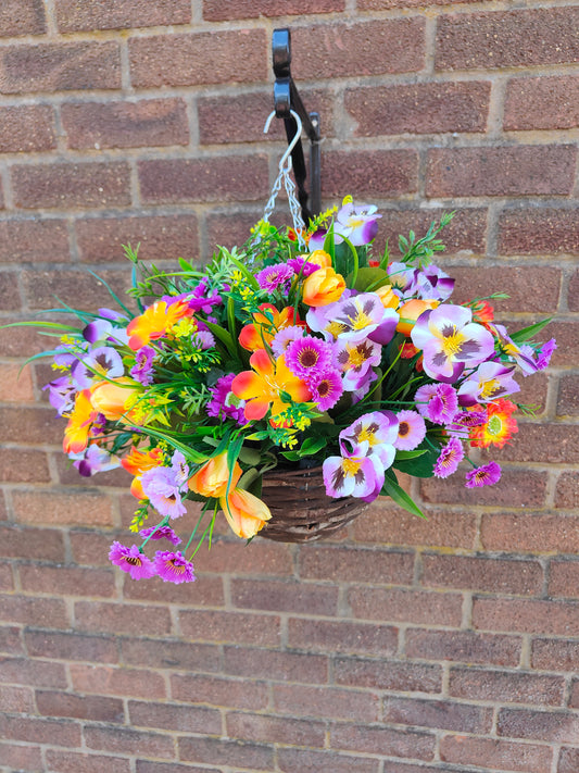 Orange Purple Artificial Flower Hanging Basket 10 inch