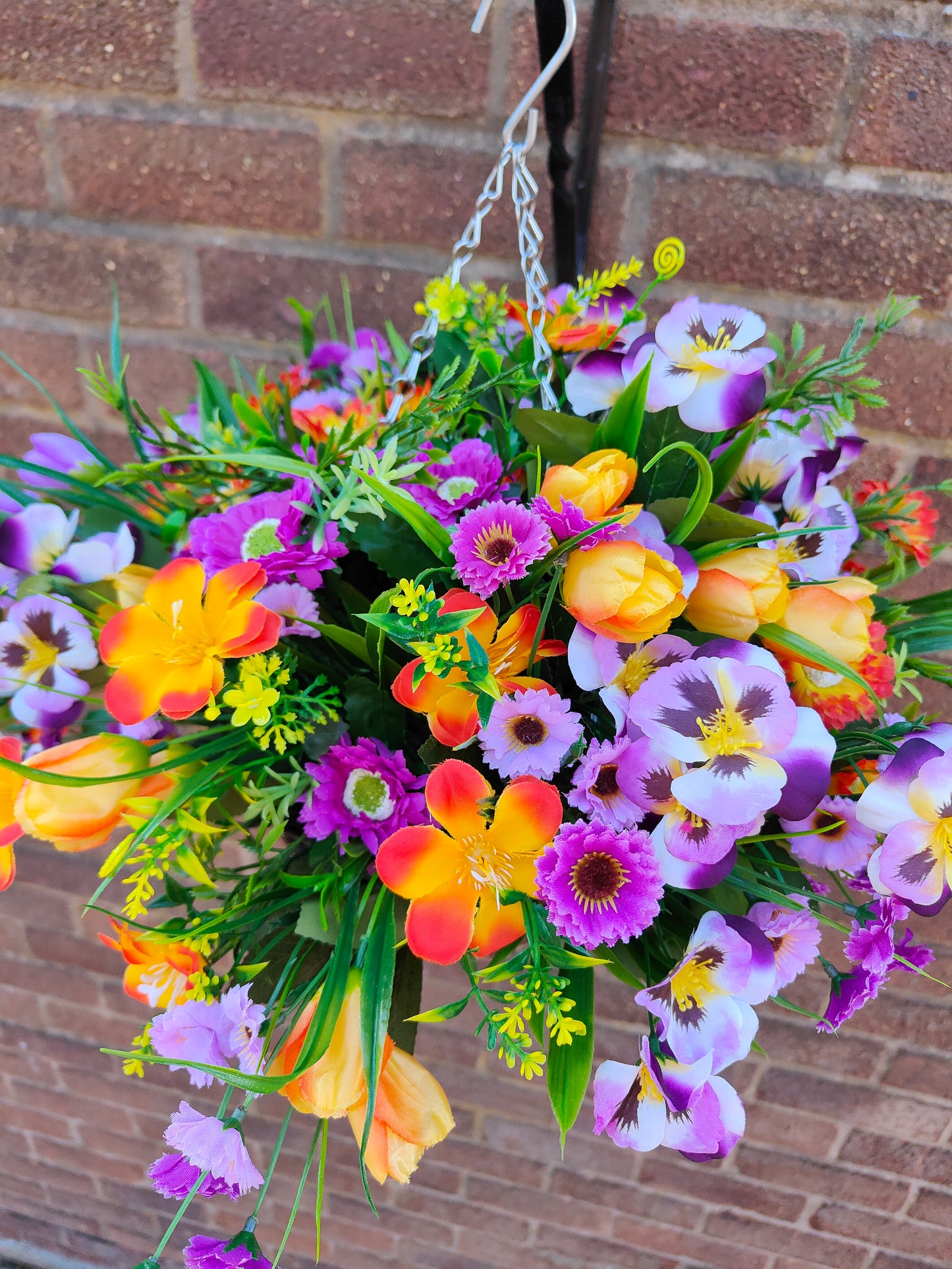 Orange Purple Artificial Flower Hanging Basket 10 inch