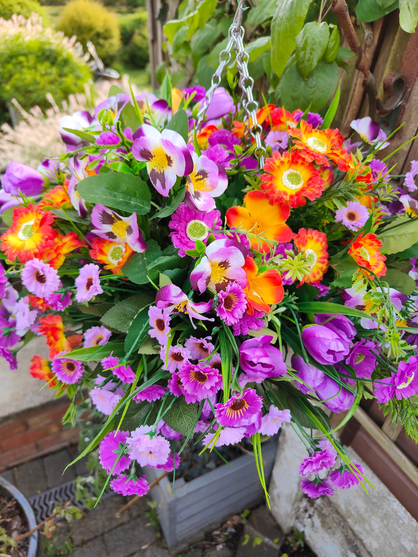 Orange Purple Artificial Flower Hanging Basket 10 inch
