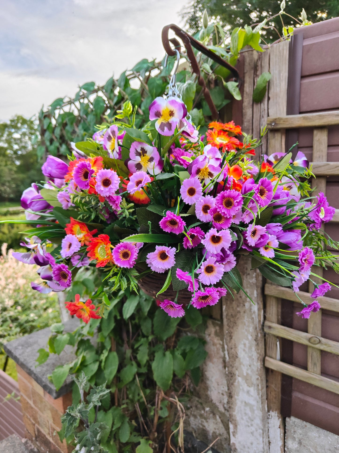 Orange Purple Artificial Flower Hanging Basket 10 inch