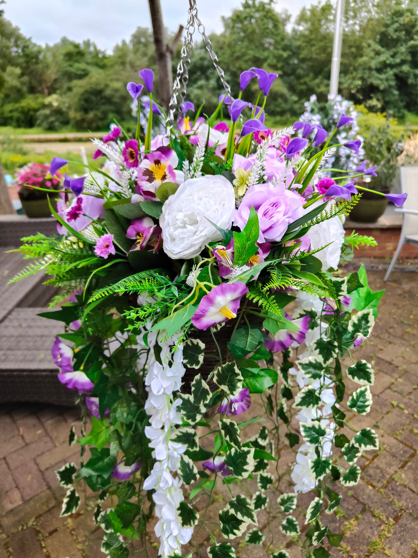 Purple White Artificial Flower Hanging Basket 12 inch