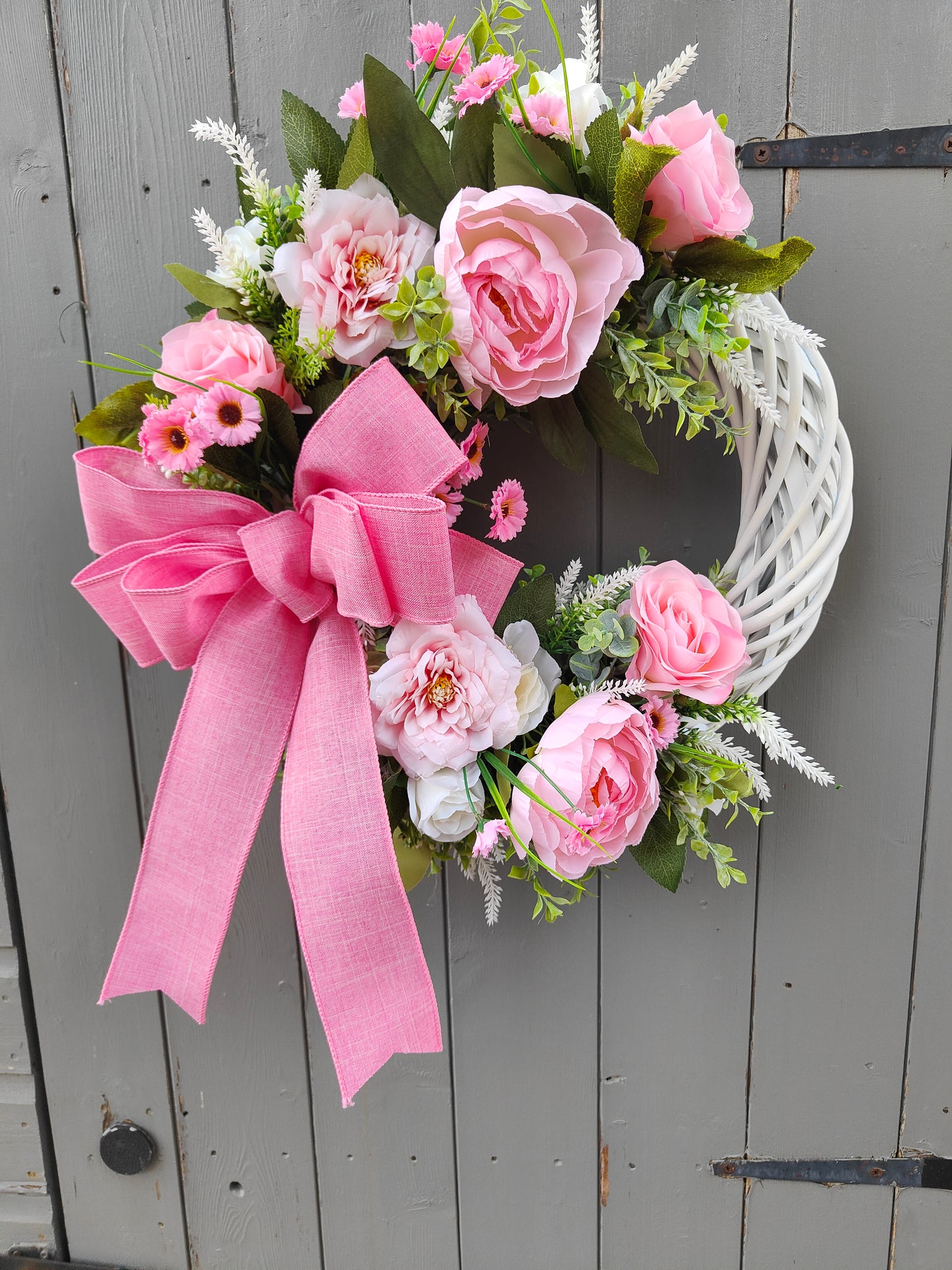 Pink Floral Spring Wreath with Oversized Bow | Front Door Wreath