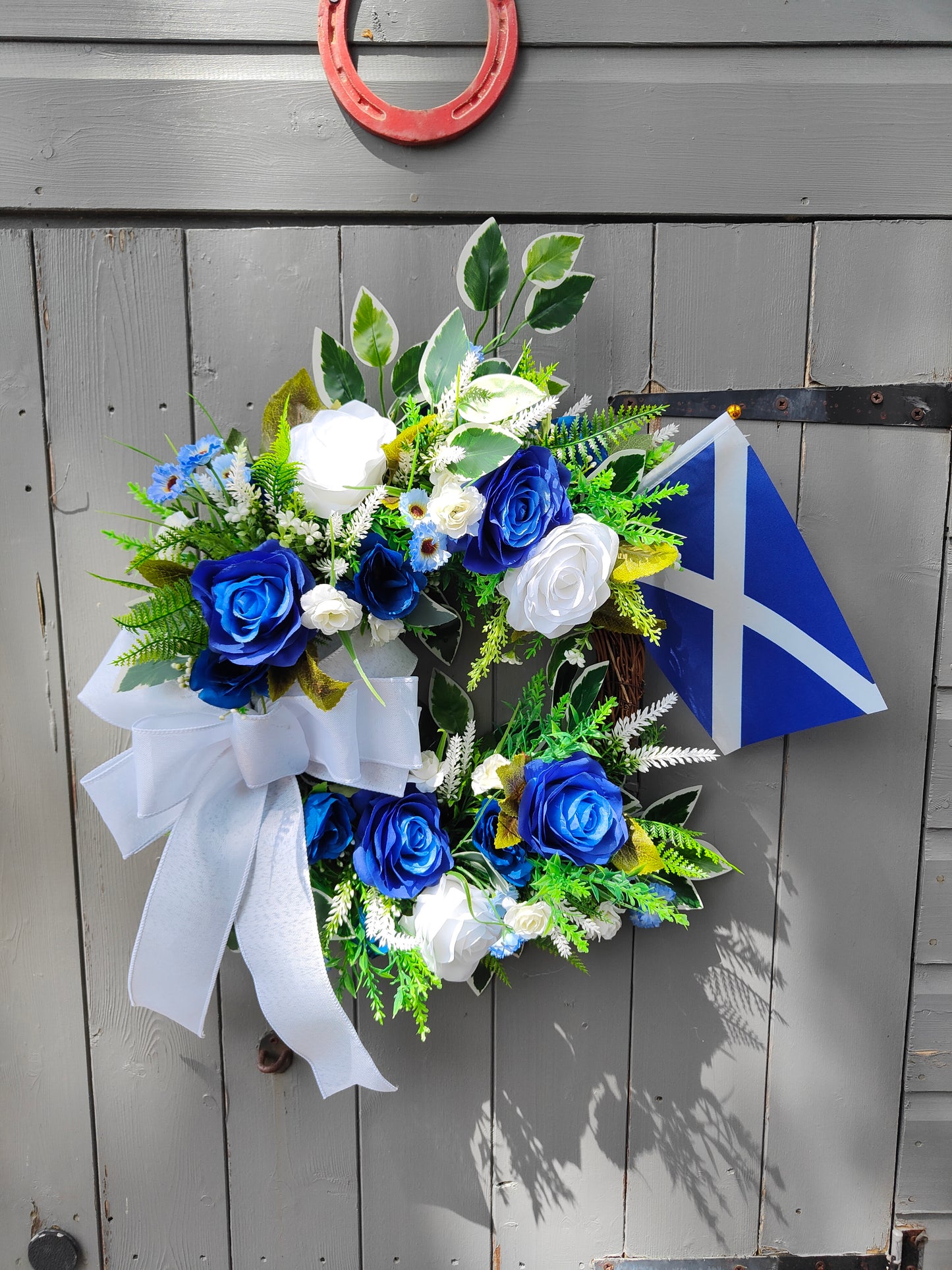 Scotland World Cup Wreath – Blue & White Rose Bow Door Wreath