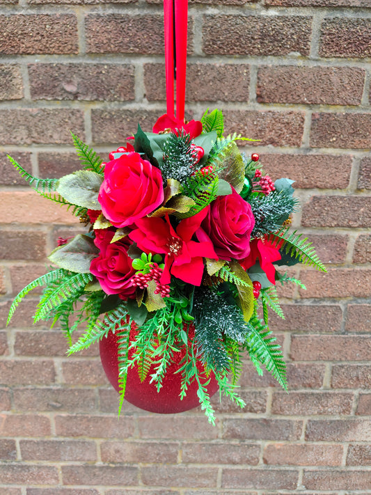 Medium Red Green Flower Christmas Bauble Artificial