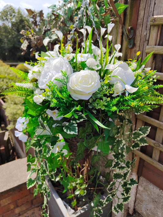 Neutral White Artificial Flower Hanging Basket 12 inch