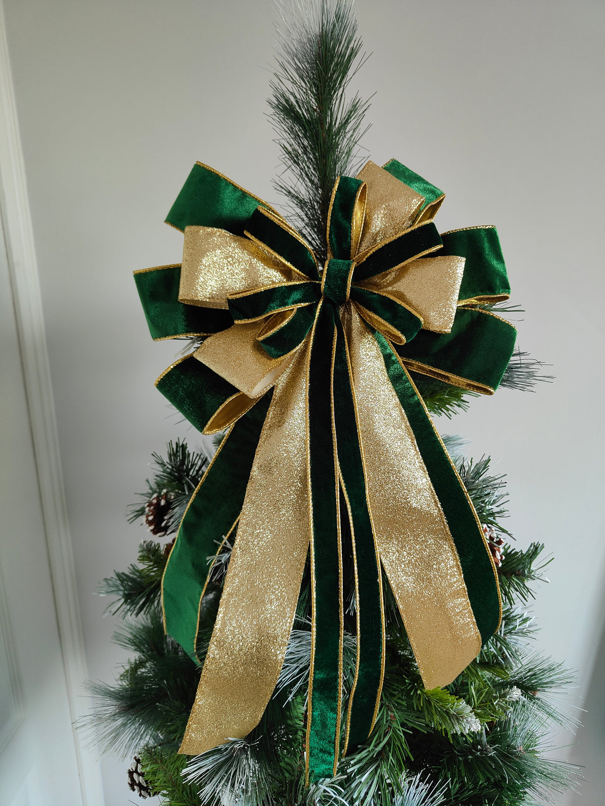 Green & Gold Velvet Christmas Tree Topper Bow