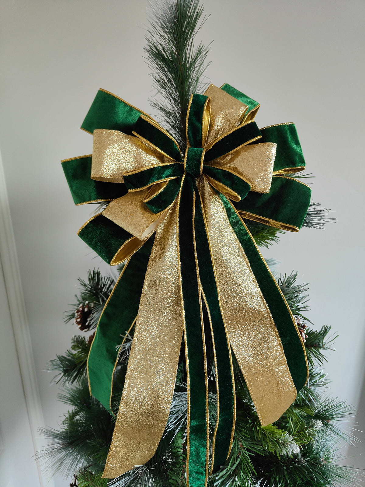 Green & Gold Velvet Christmas Tree Topper Bow