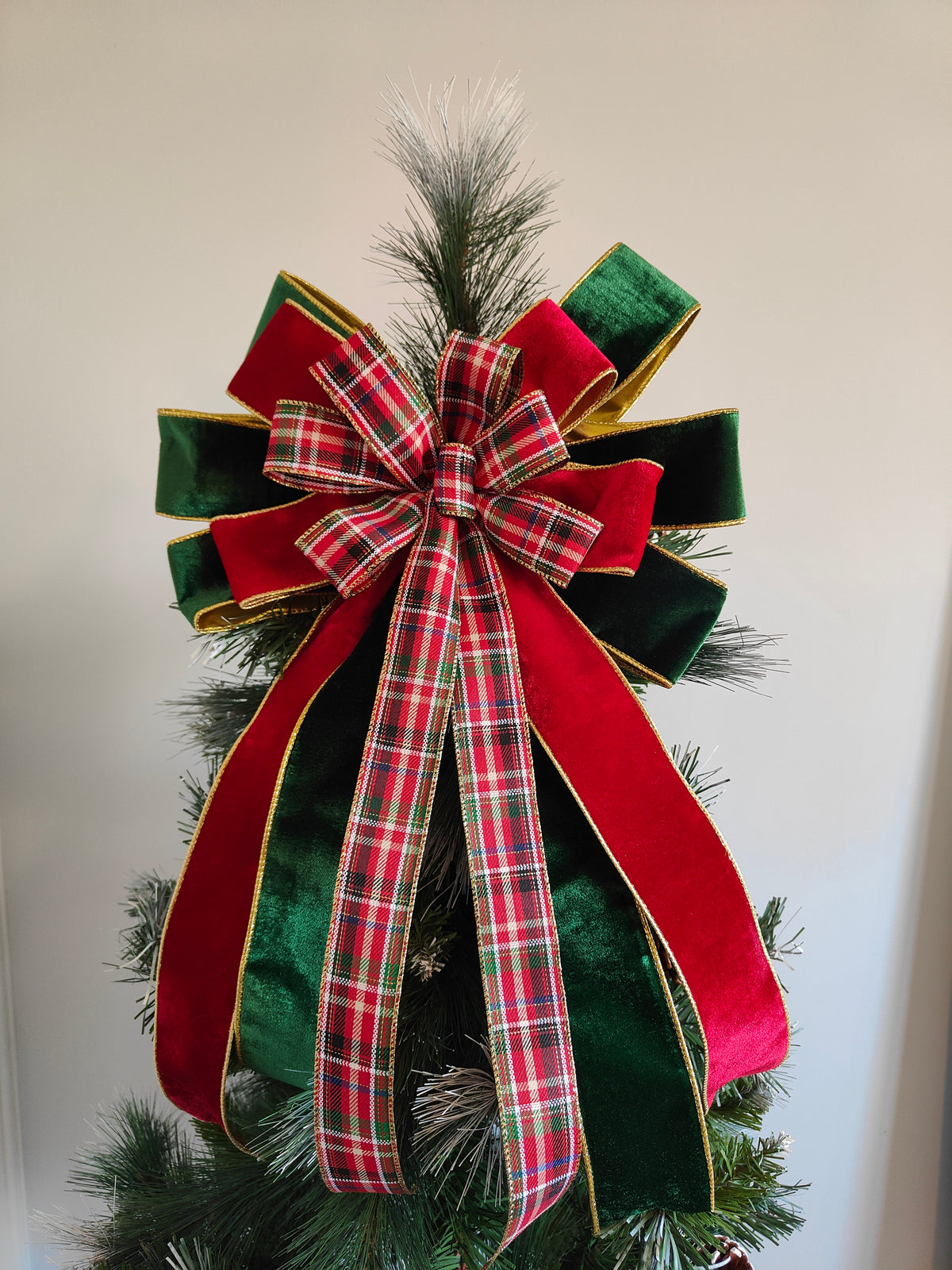 Red Green Tartan Velvet Christmas Tree Topper Bow 14 inch