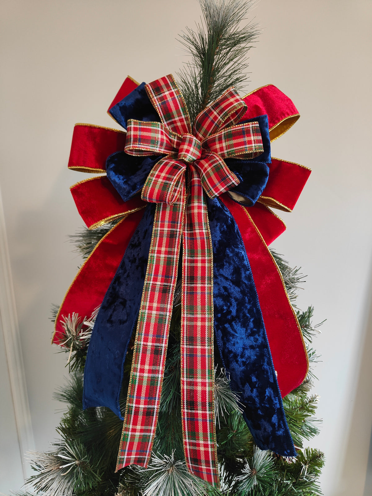 Red GreenBlue Tartan Christmas Tree Topper Bow 14 inch
