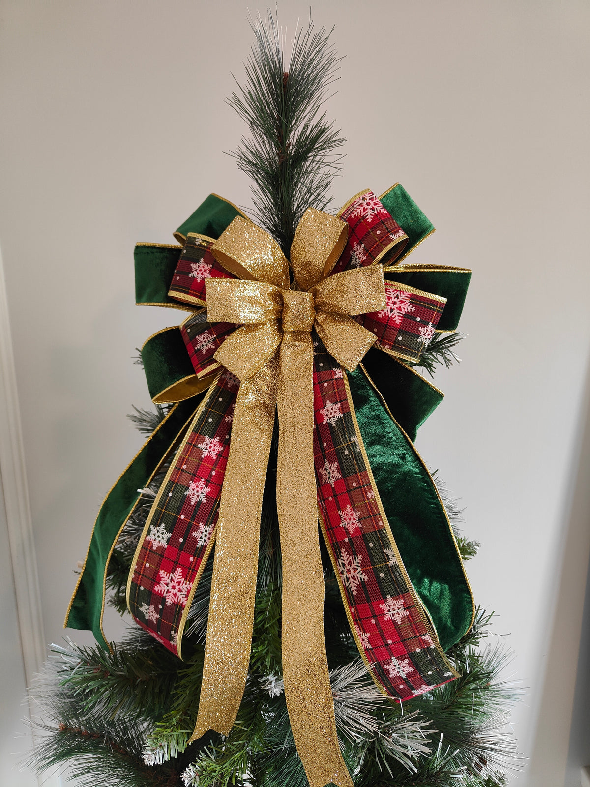 Red Green Snowflake Tartan Velvet Christmas Tree Topper Bow 14 inch