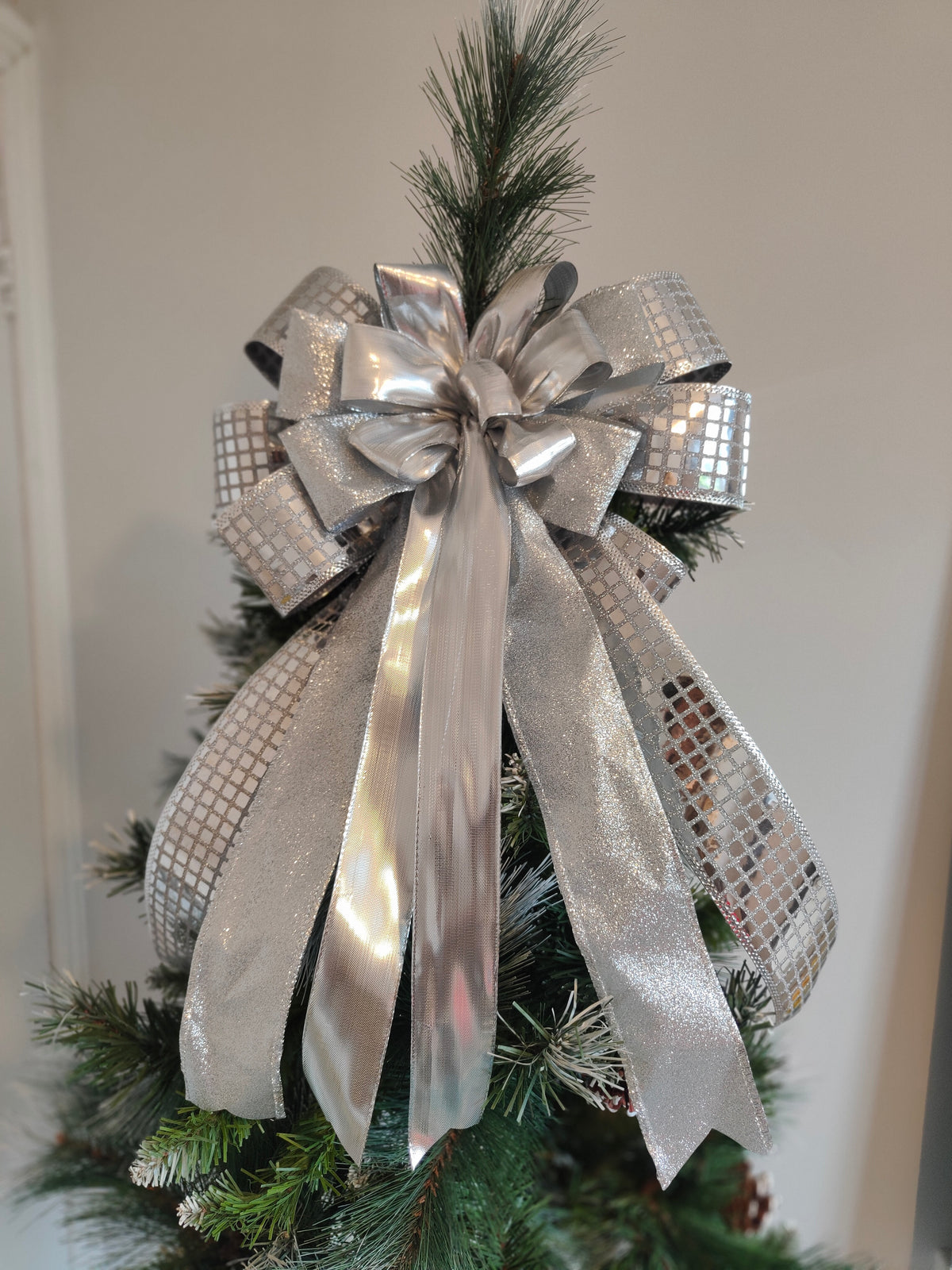 Silver Sparkle Mirror Ball Christmas Tree Topper Bow 14 inch
